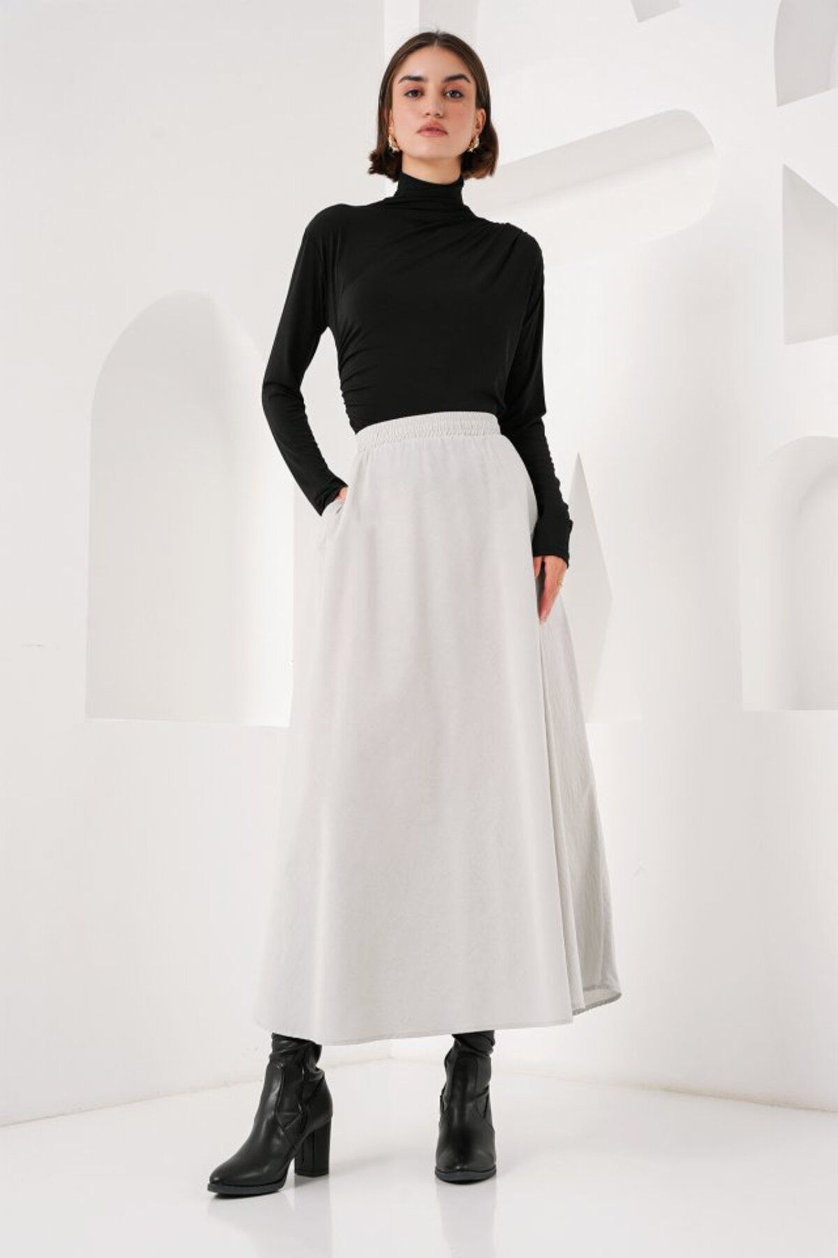Kokosh moda Cep Detaylı Uzun Etek 8024 - Gri