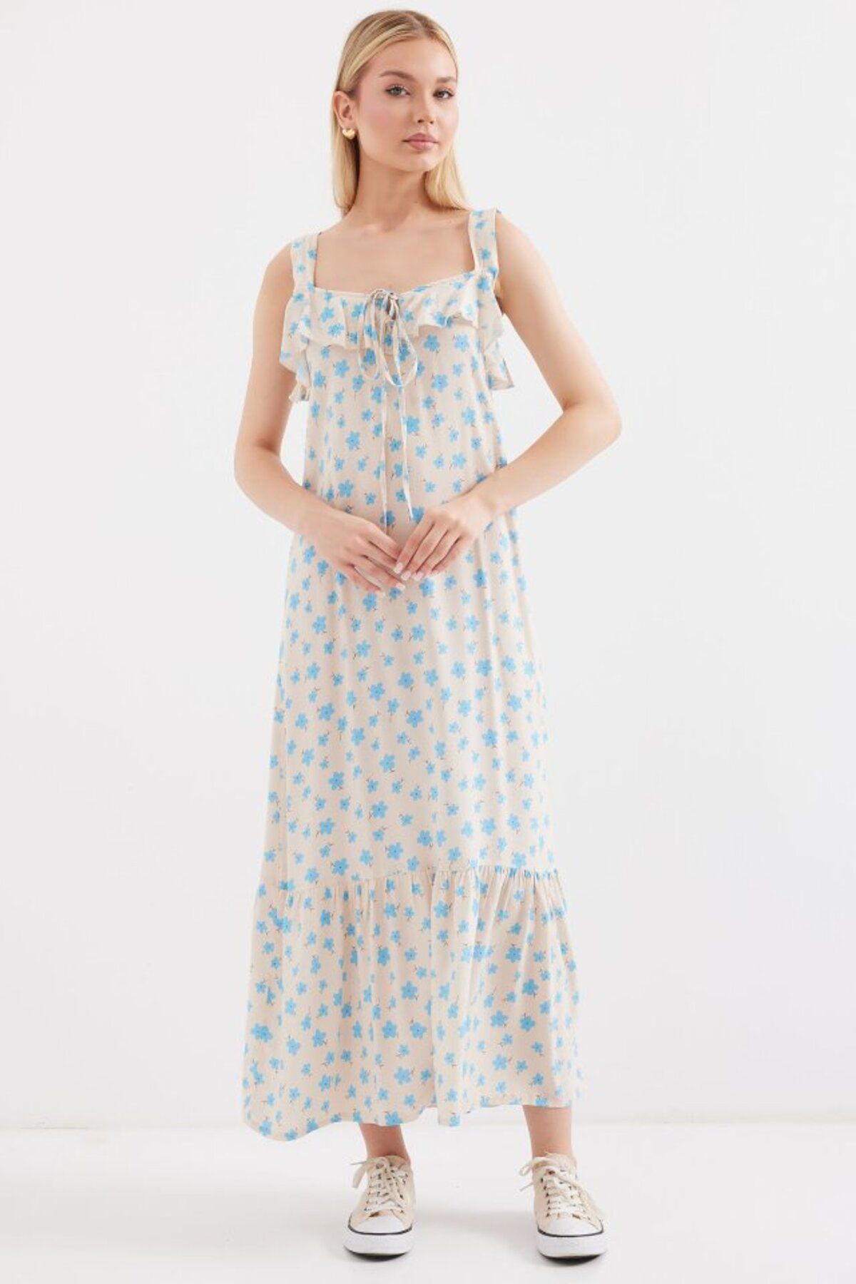 moda wanilia 2237 Desenli Askılı Viskon Elbise - Mavi