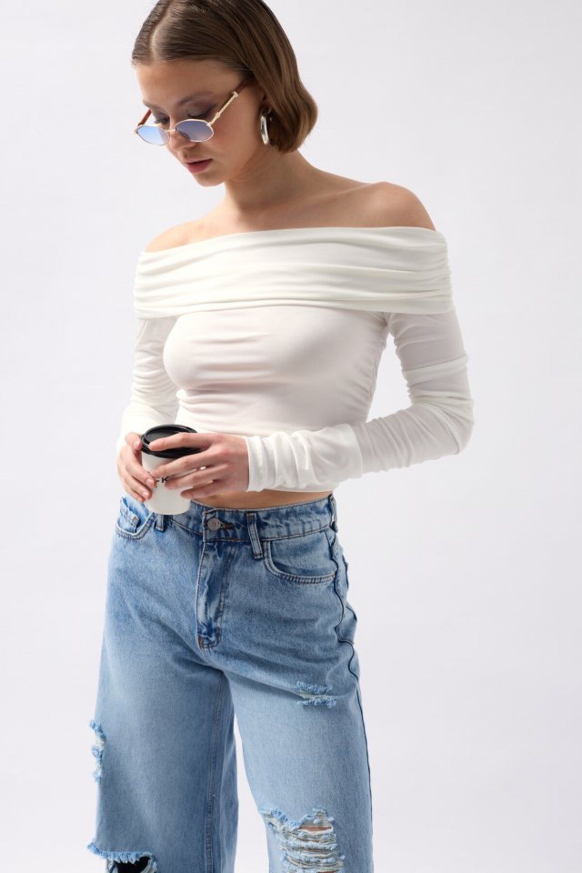 Gökyüzü Moda Omuz Dekolte Straplez Bluz