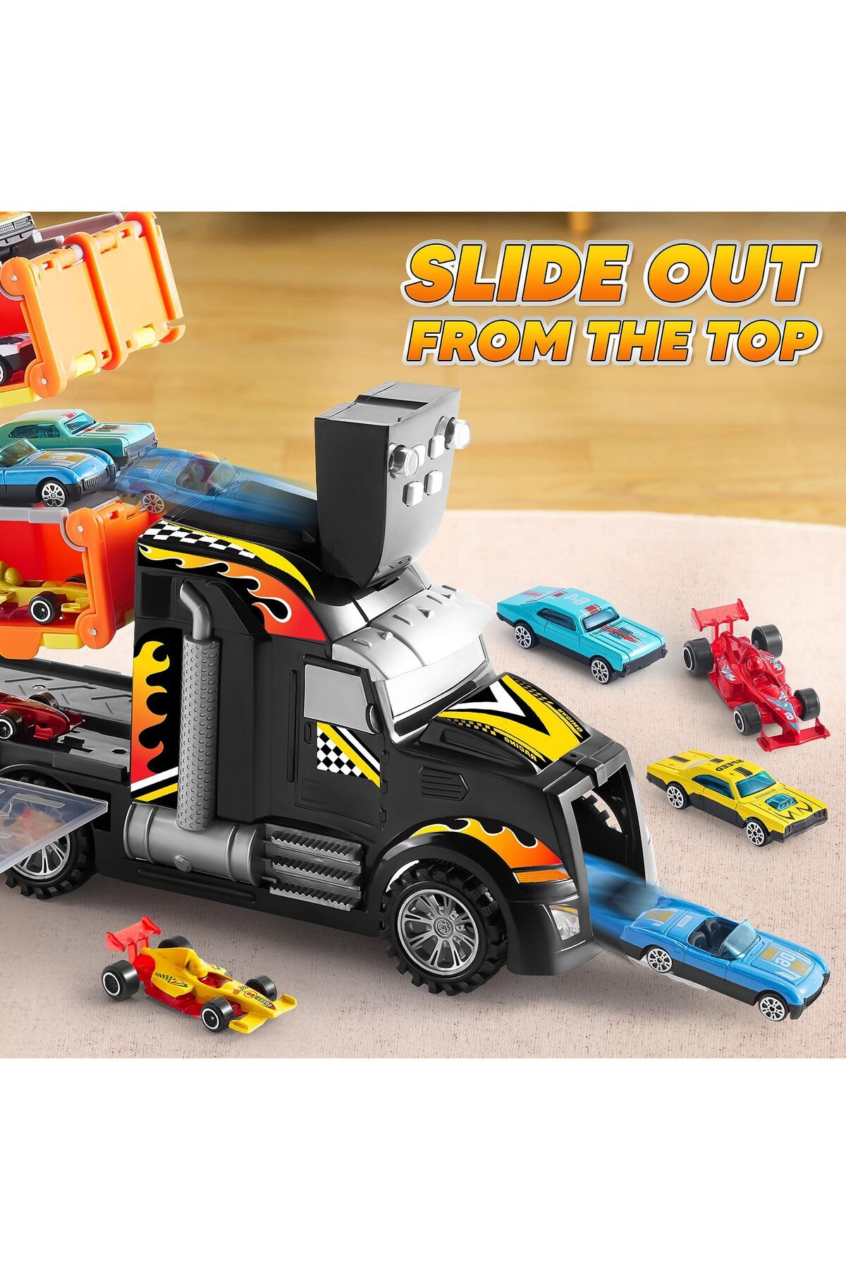 JOYIN-Toy Truck, 5-FT Race Track, 12 Die-Cast Cars, Lights & Sounds, Gift for Kids 2-5 Years - Black 4