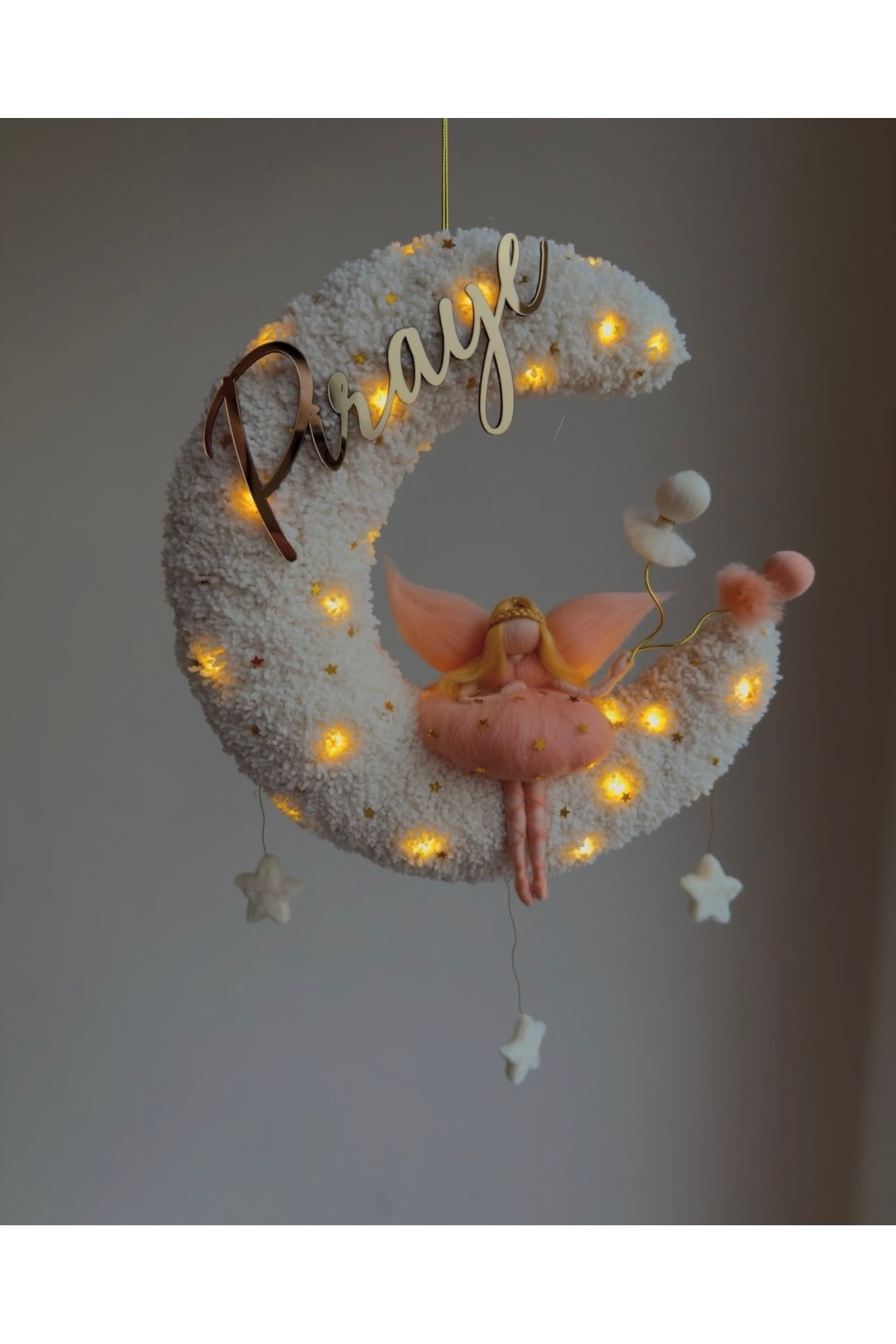 Tasarım Işıklı Ay kapı süsü, peri bebek, keçe kapı süsü, hastane odası kapı süsü fotoğrafı 2 (önizleme)