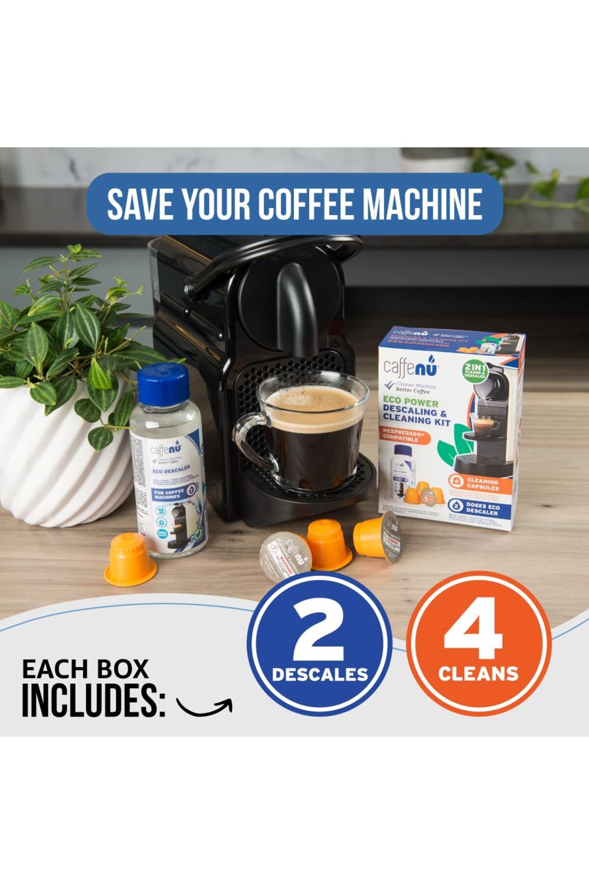 Caffenu-Nespresso Descaling Kit: 2 Solutions, 4 Pods, Limescale Removal, Originaline Compatible 5