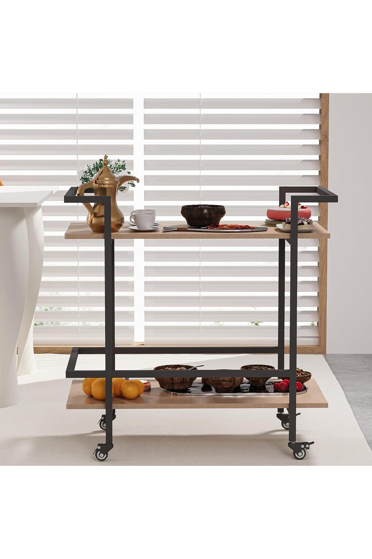 Generic-2 Tier Rolling Serving Cart with Wheels, Storage Shelves and Beverage Cart with Bars 1