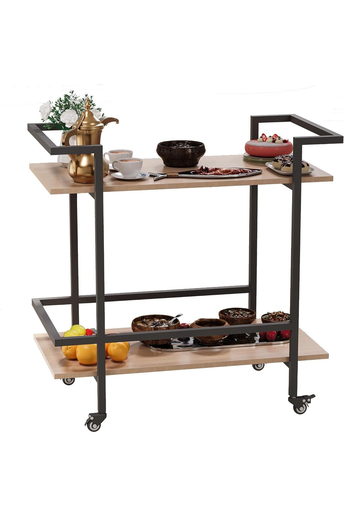 Generic-2 Tier Rolling Serving Cart with Wheels, Storage Shelves and Beverage Cart with Bars 2