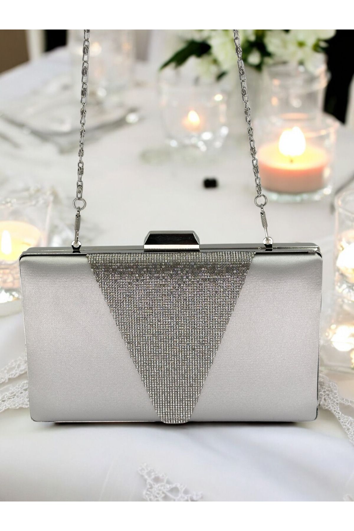 Biçanta-Silver Satin Silver Stone Metal Handle Evening Dress Bag Evening Bag Engagement Wedding Bag 4