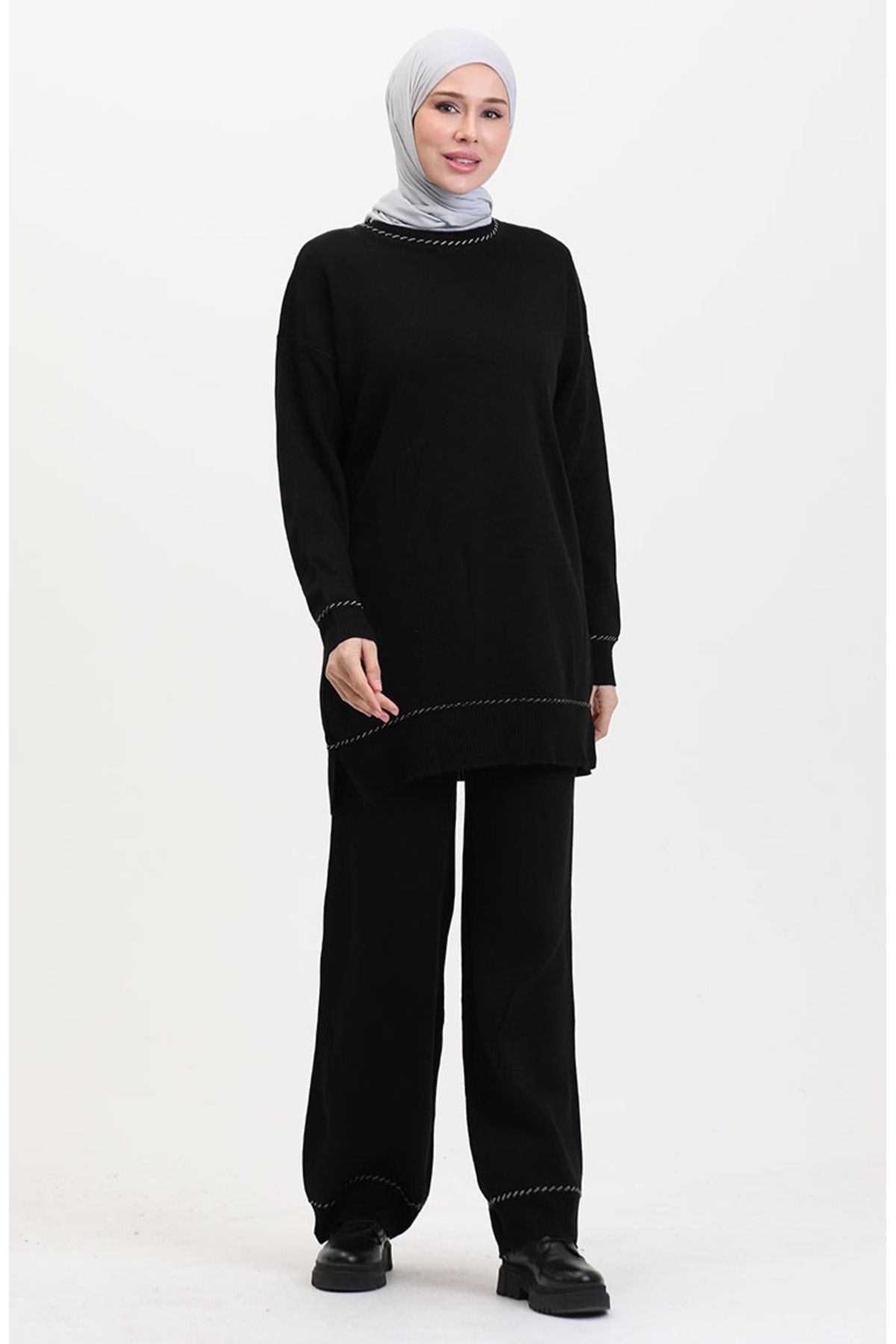 sefamerve-Striped Knitwear Suit 3085-03 Black 2