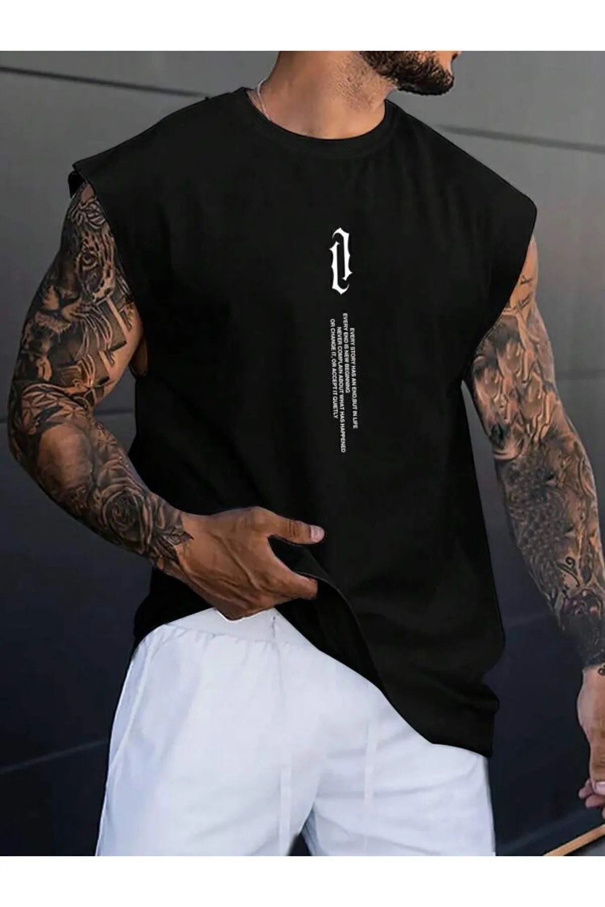 ALCİNOUS-Men's Black Vertical Printed Oversize Sleeveless T-Shirt 1