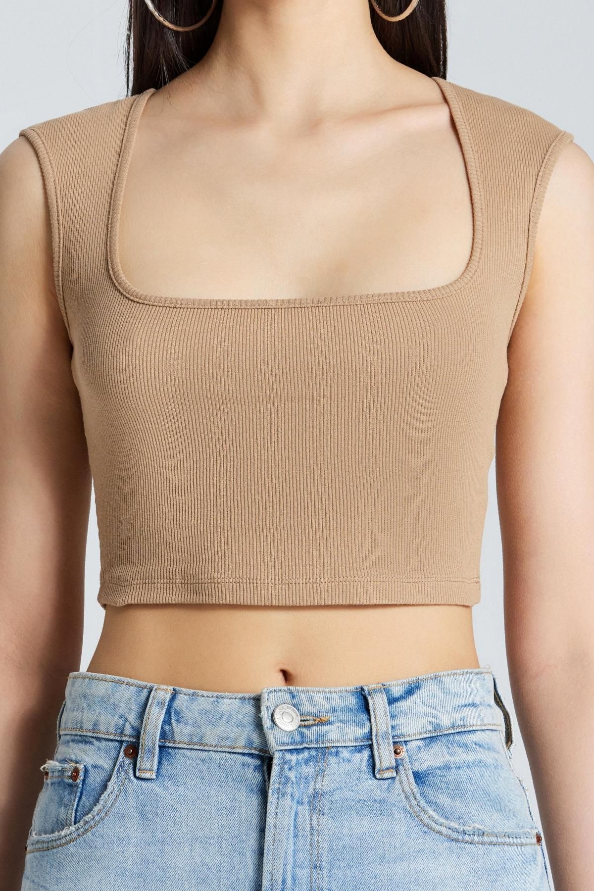 World Fashion Trends-2546 Thick Strap Beige Crop 4