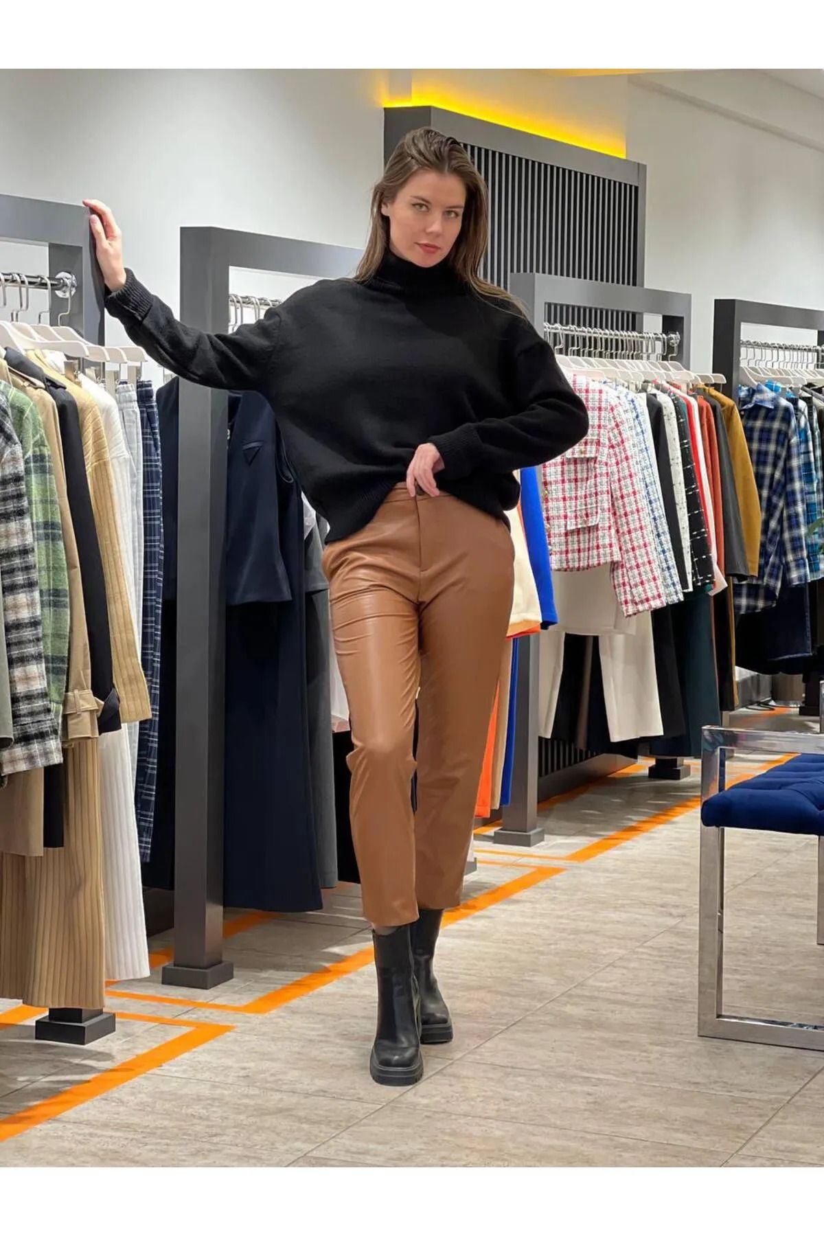 TARGET CH-Leather Pants with High Waist and Raster - Stretchy and Relaxed Fit, Brown 2