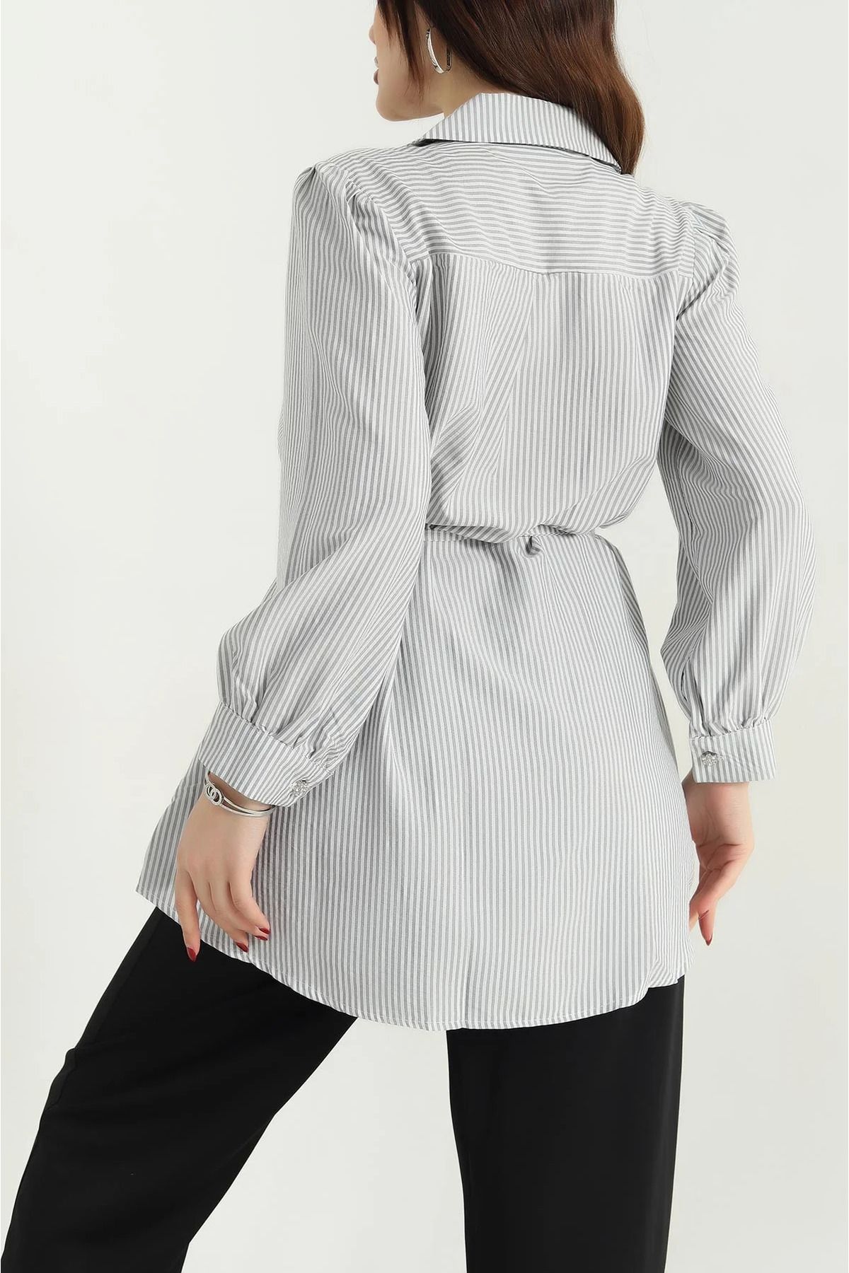 vuvutasarım-New Season Black Soft Woven Shirt Tunic with Tied Waist 3