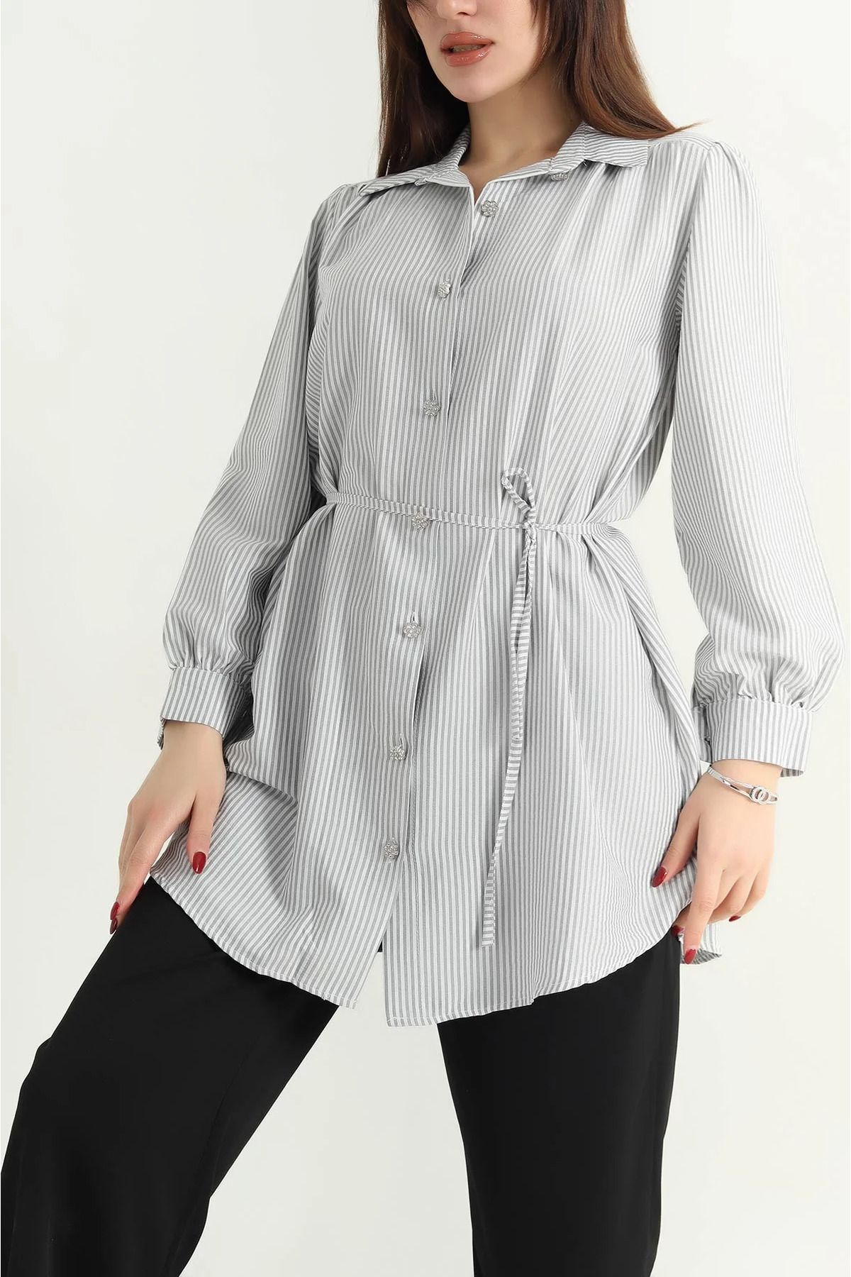 vuvutasarım-New Season Black Soft Woven Shirt Tunic with Tied Waist 2