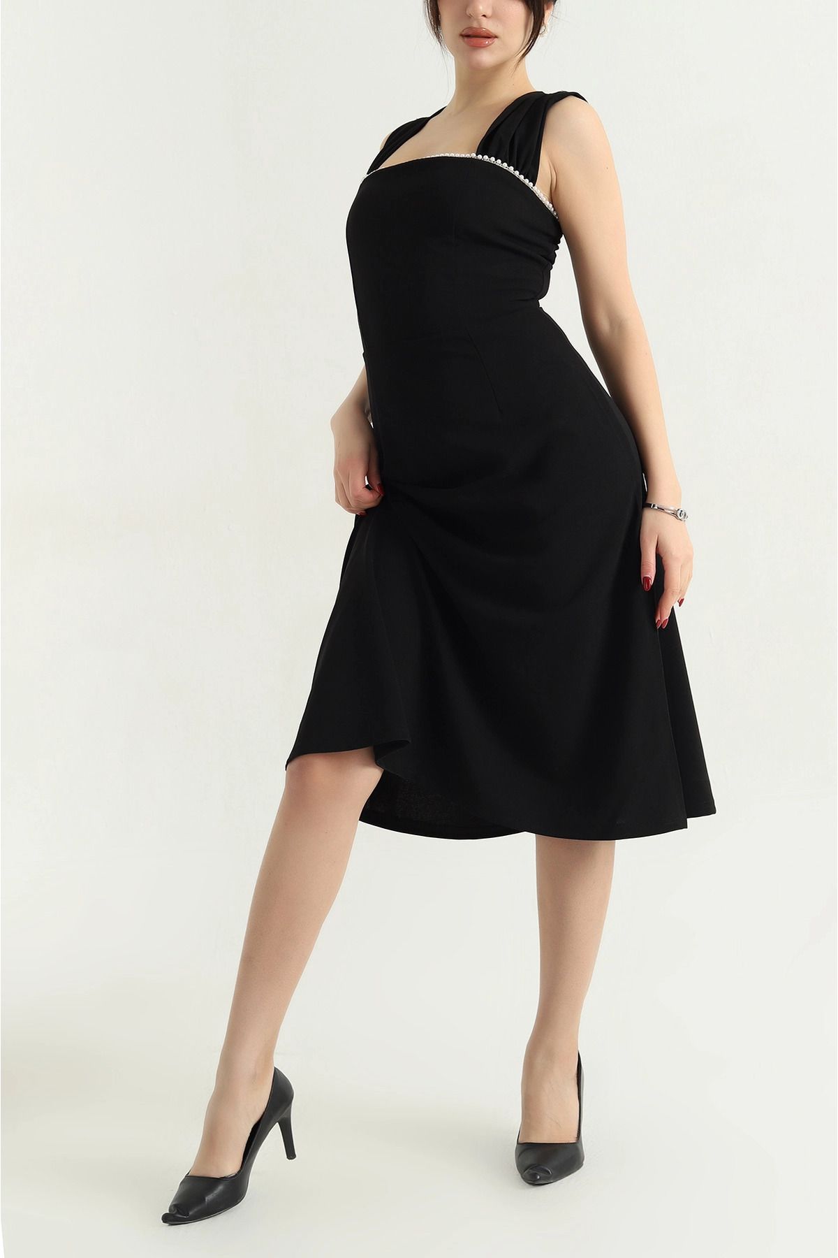 vuvutasarım-New Season Black Pearl Imported Crep Dress 2