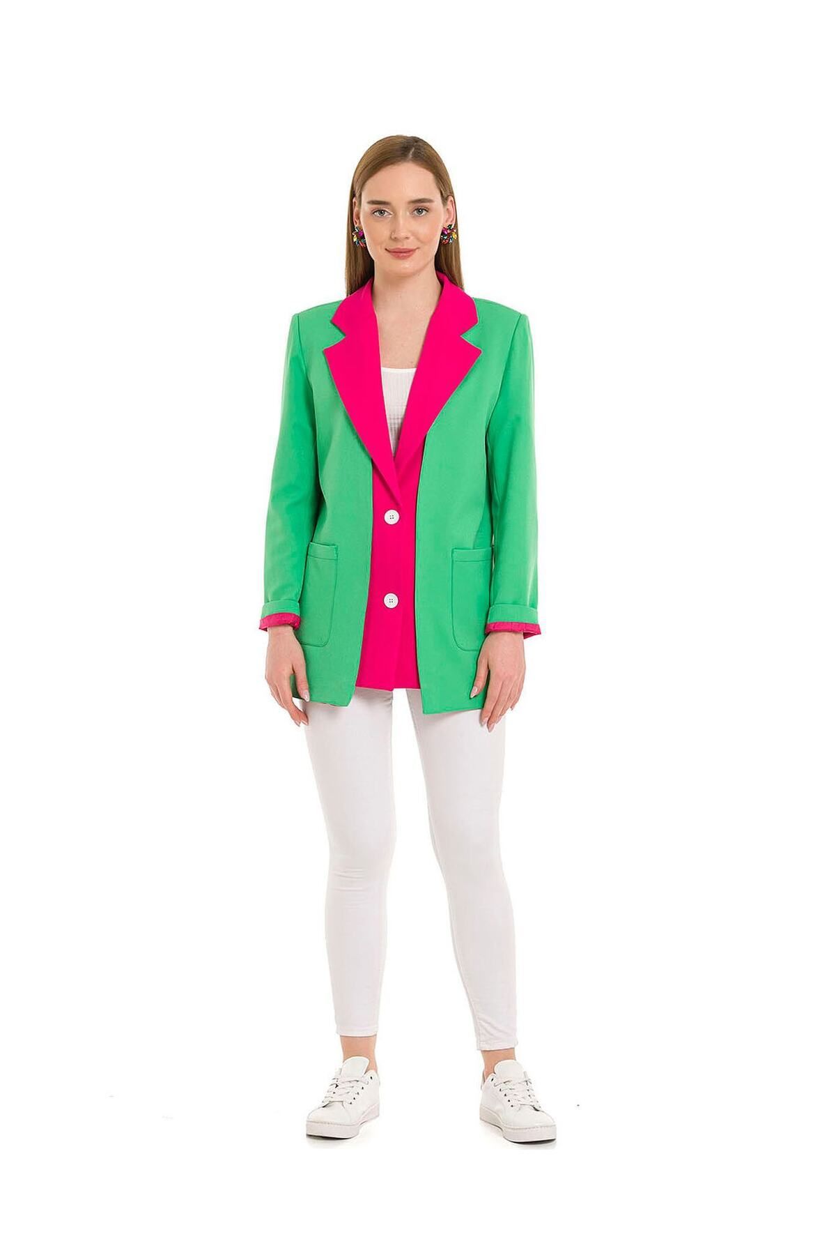 LOKADI-Women's Lined Fuchsia Green Blazer Jacket 4