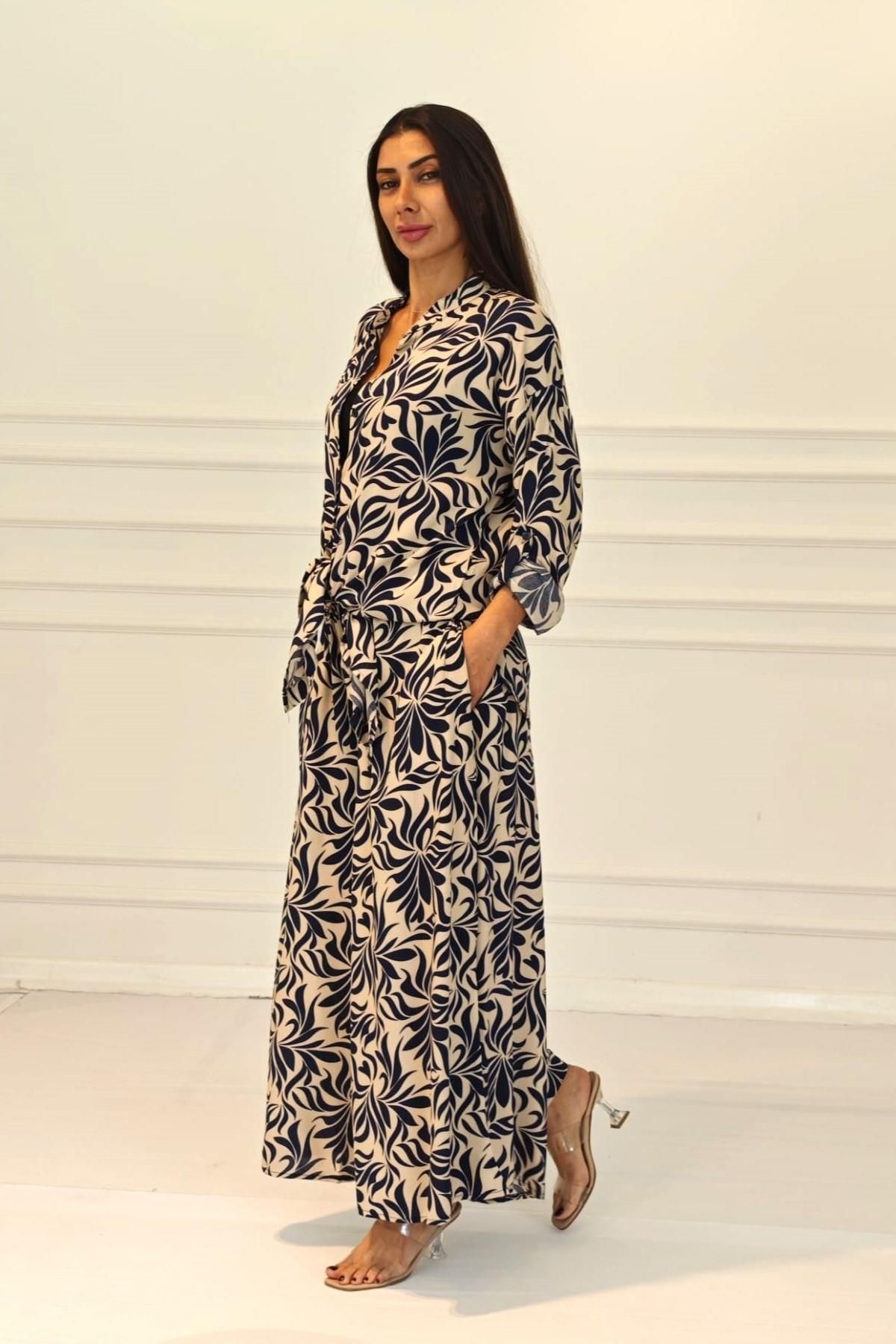 Keyifli Moda-Women's Navy Blue Patterned Shirt Pants Set with Epaulets and Pockets 6