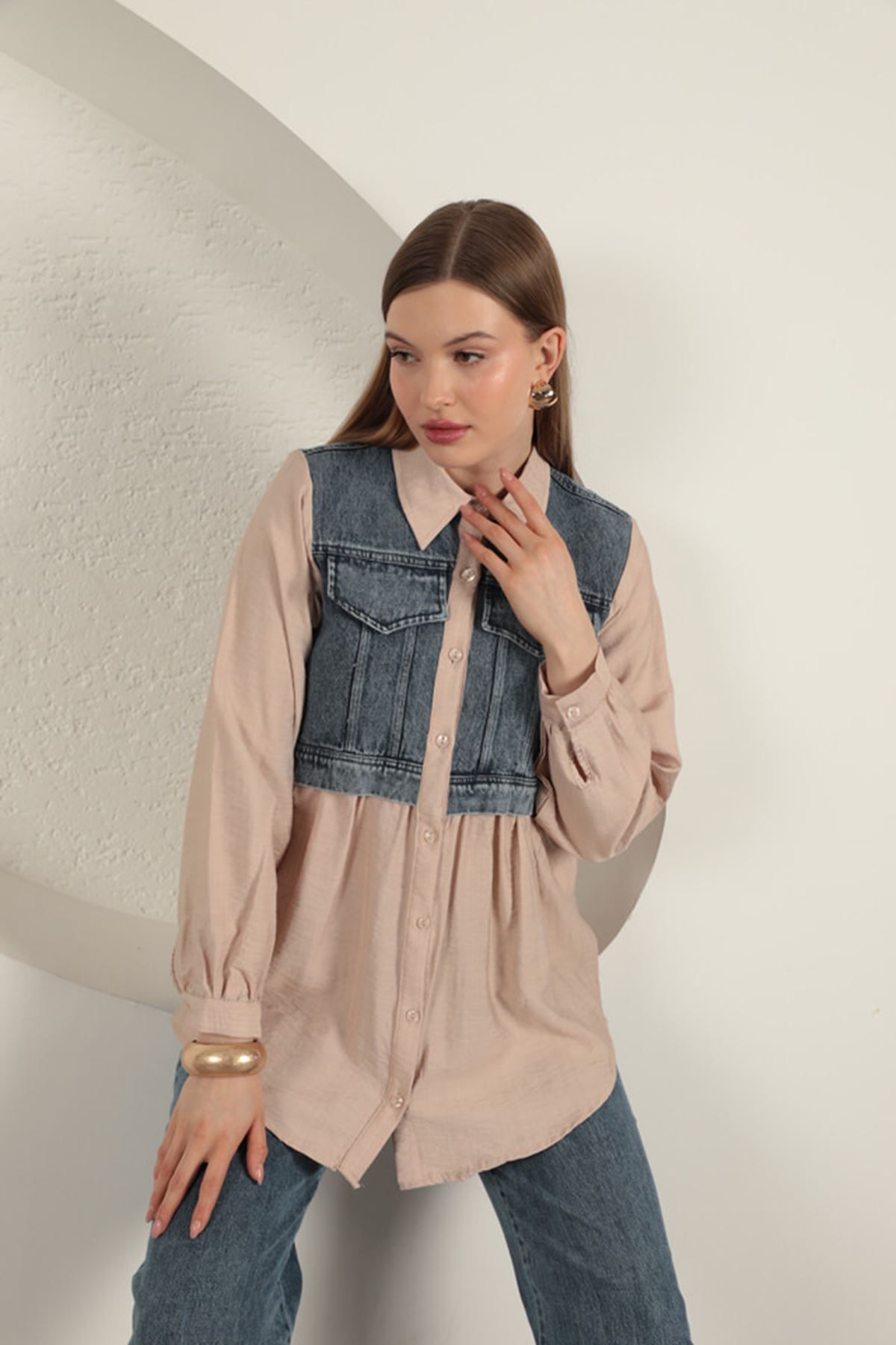 E-RICH Poplin Kumaş Kot Garnili Bej Kadın Gömlek