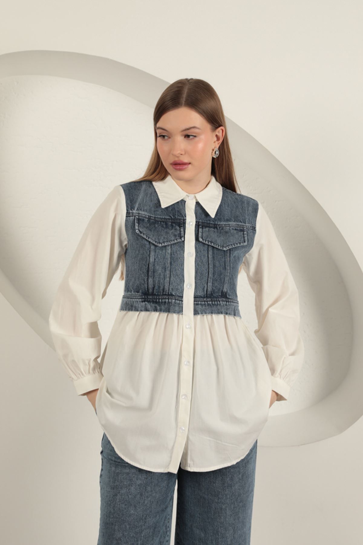 blueb Poplin Kumaş Kot Garnili Ekru Kadın Gömlek