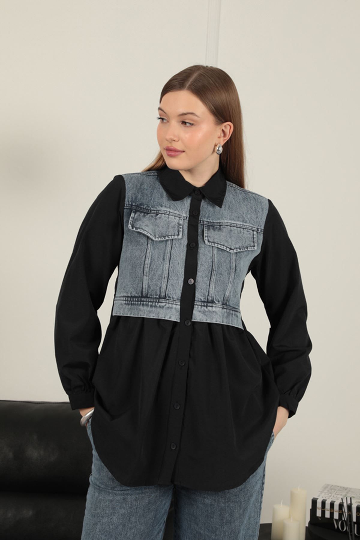 blueb Poplin Kumaş Kot Garnili Siyah Kadın Gömlek
