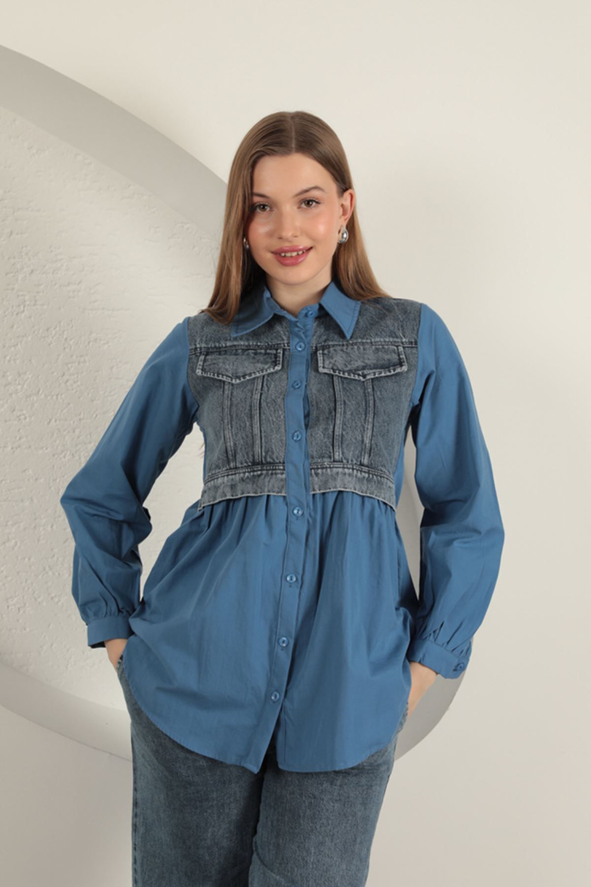 E-RICH Poplin Kumaş Kot Garnili İndigo Kadın Gömlek