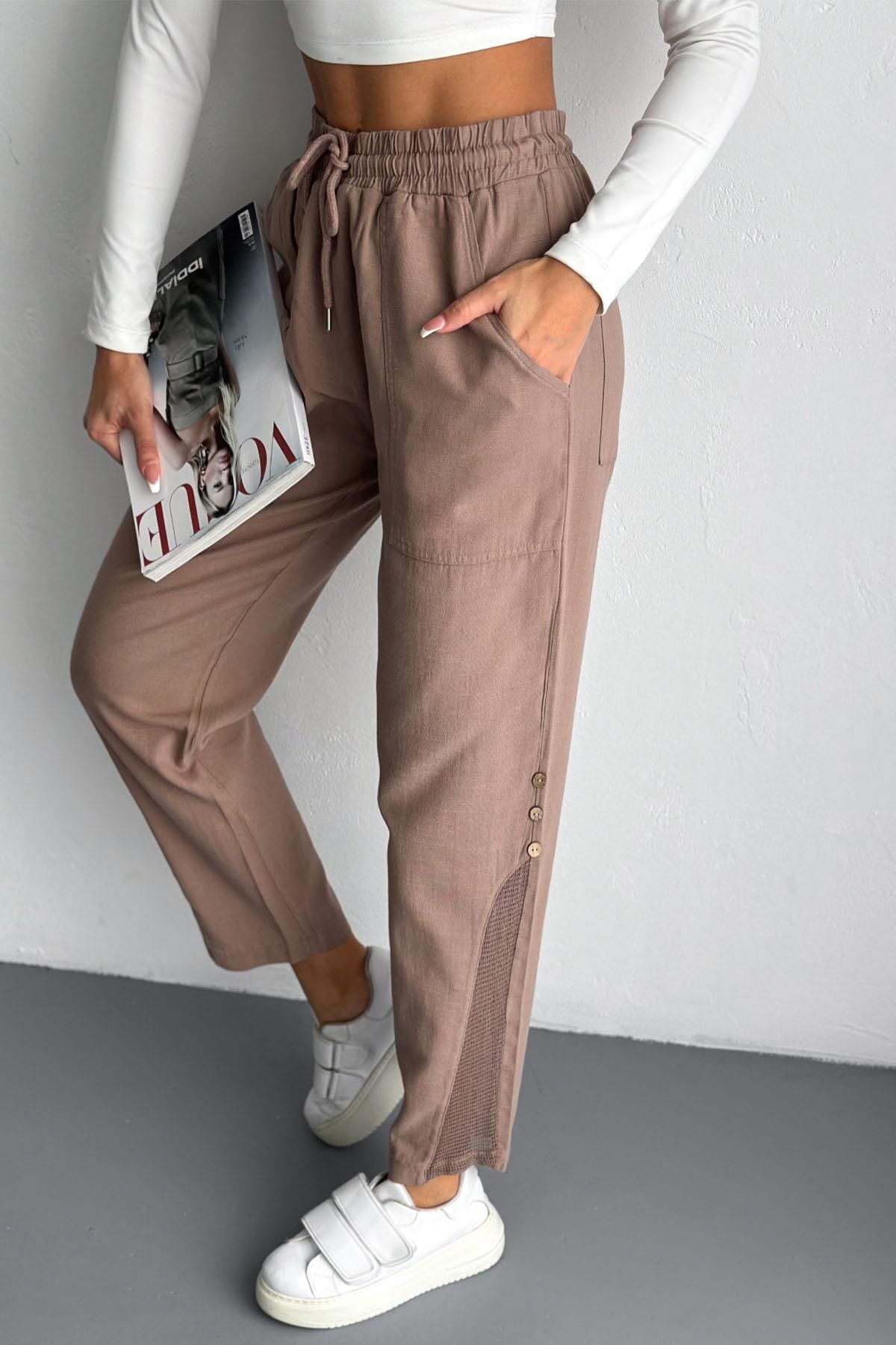 İstangül Butik-Linen Trousers with Mesh and Button Detail 6