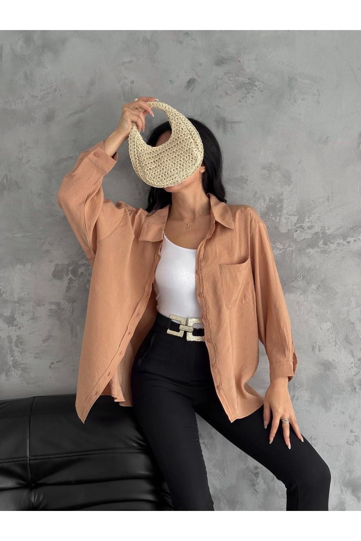 THEFOF Yumuşacık vizon renk oversize kadın salaş gömlek günlük casual cepli