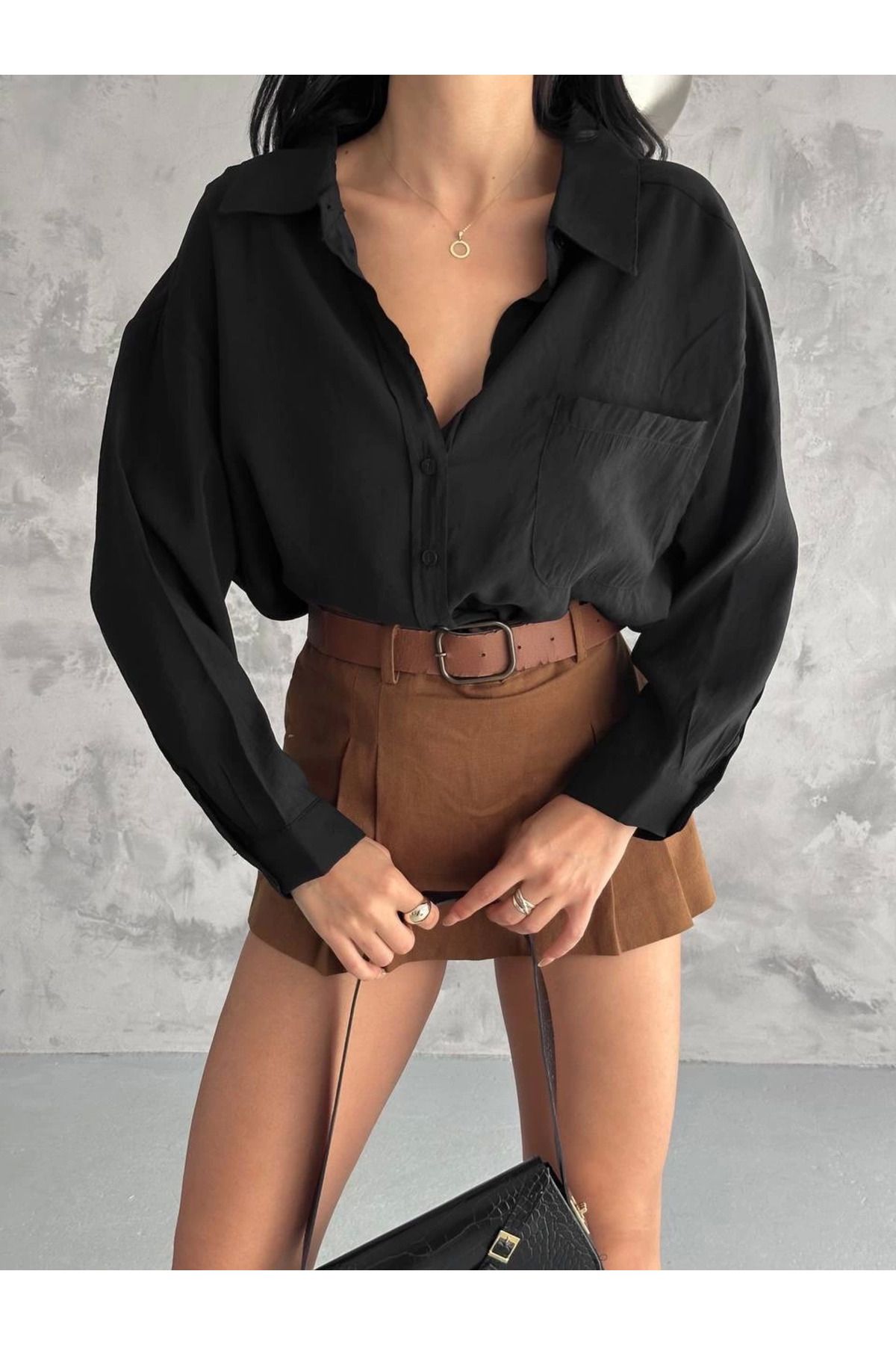 THEFOF Yumuşacık siyah oversize kadın salaş gömlek günlük casual cepli