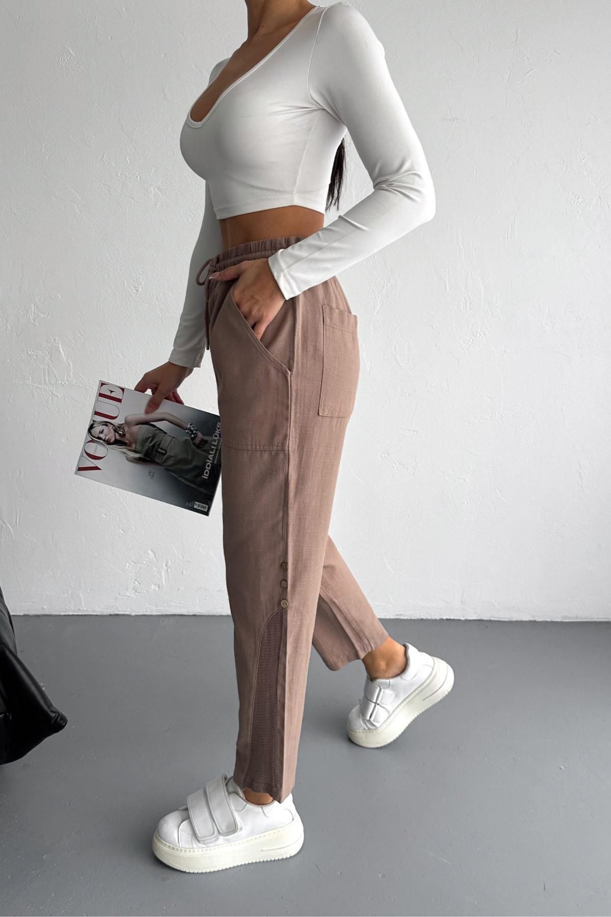 İstangül Butik-Linen Trousers with Mesh and Button Detail 5