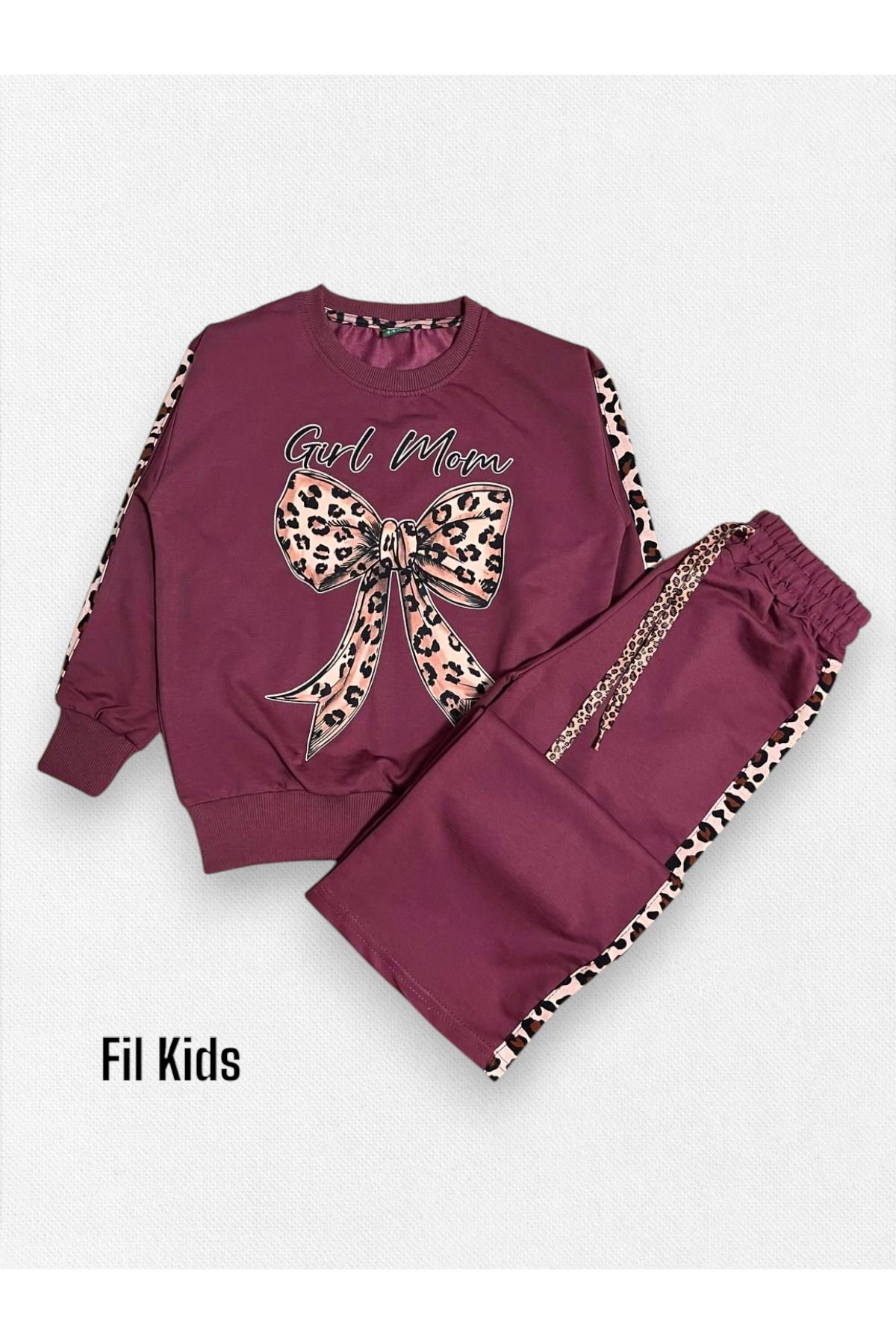 Fil Kids-Girl's 100% Cotton Plum Color Leopard Ribbon Patterned Long Sleeve Wide Leg Tracksuit Set 1