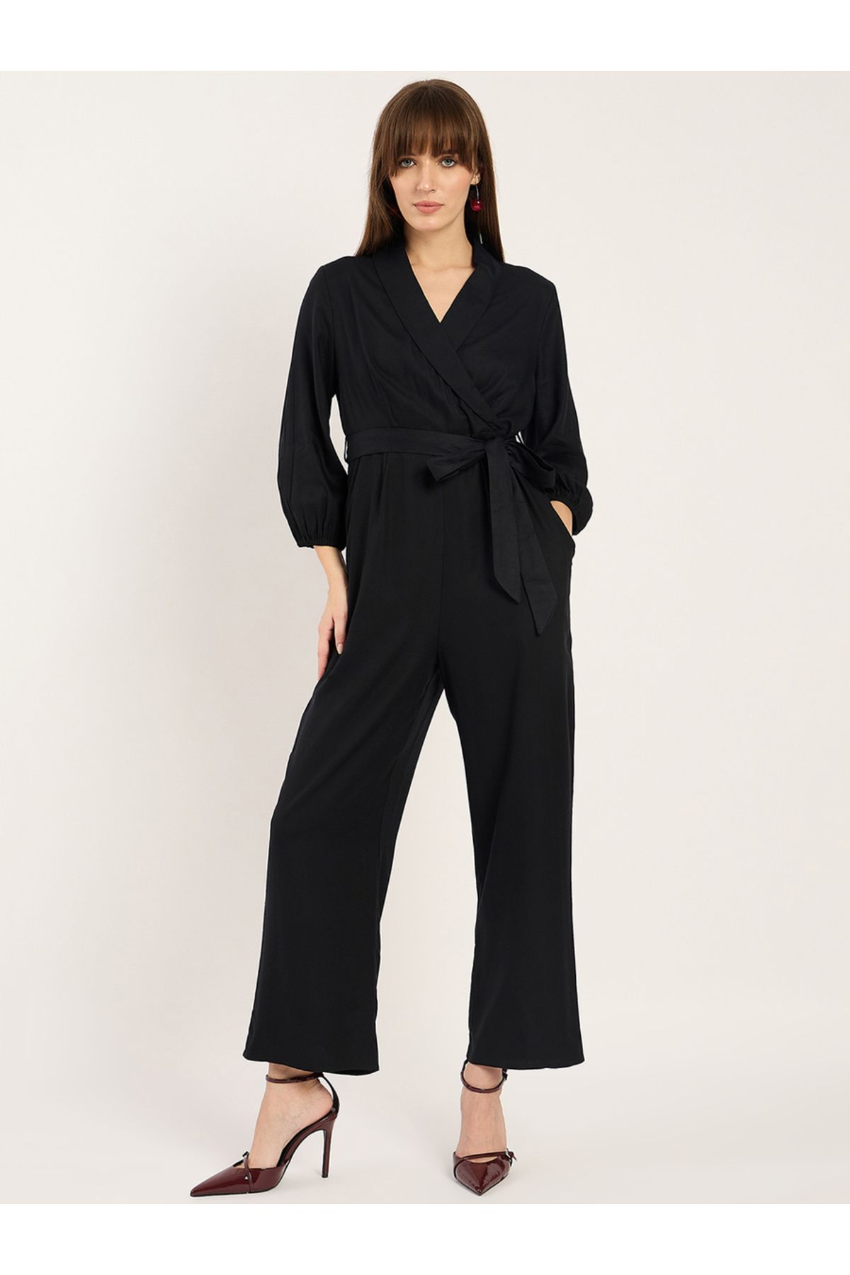 Femmella By Styli-Balloon Sleeve Lapel Detail Jumpsuit with Waist Tie-Up 1