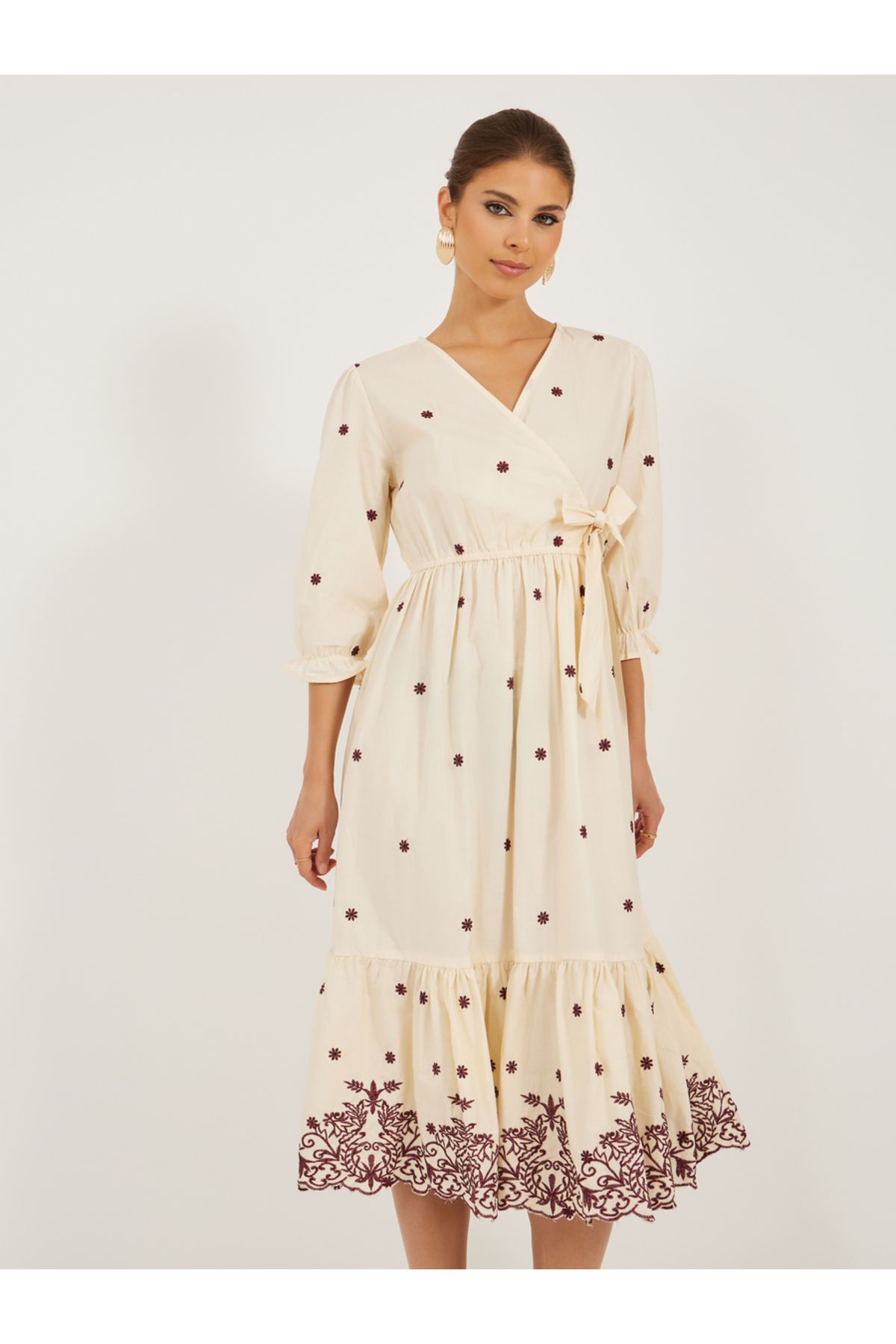 Styli-Embroidered Wrap Style A-Line Midi Dress 3