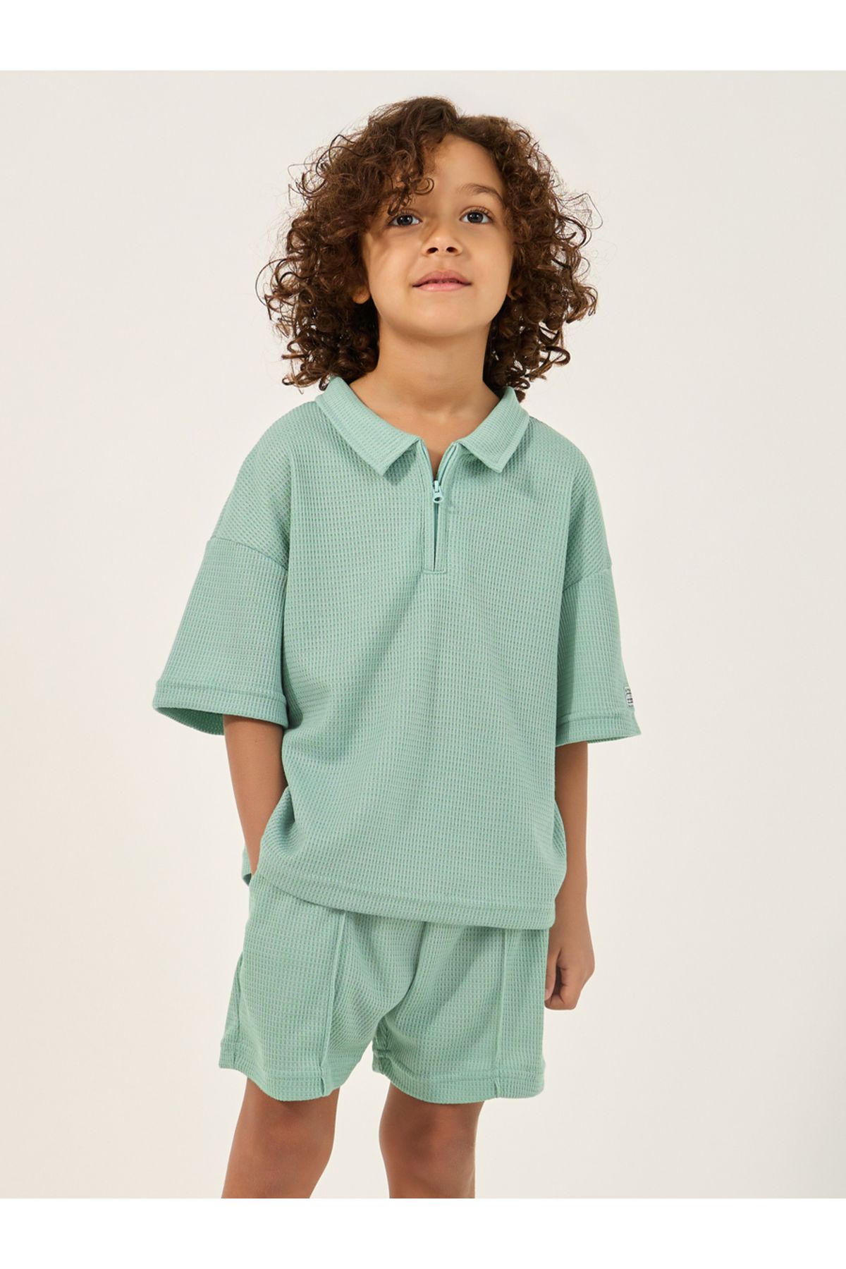 Styli-Textured Knit Polo T-Shirt and Shorts Set 1