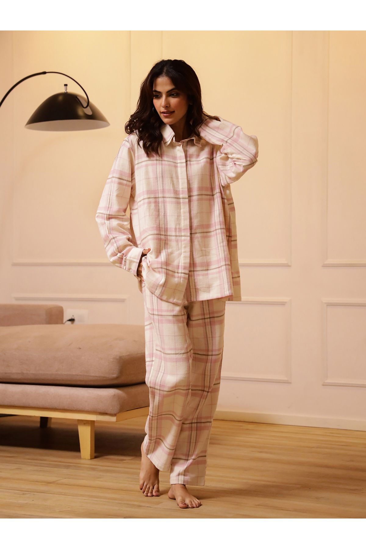 Sanskrutihomes By Styli-Checkered Buttoned Longline Shirt and Pyjama Set 4