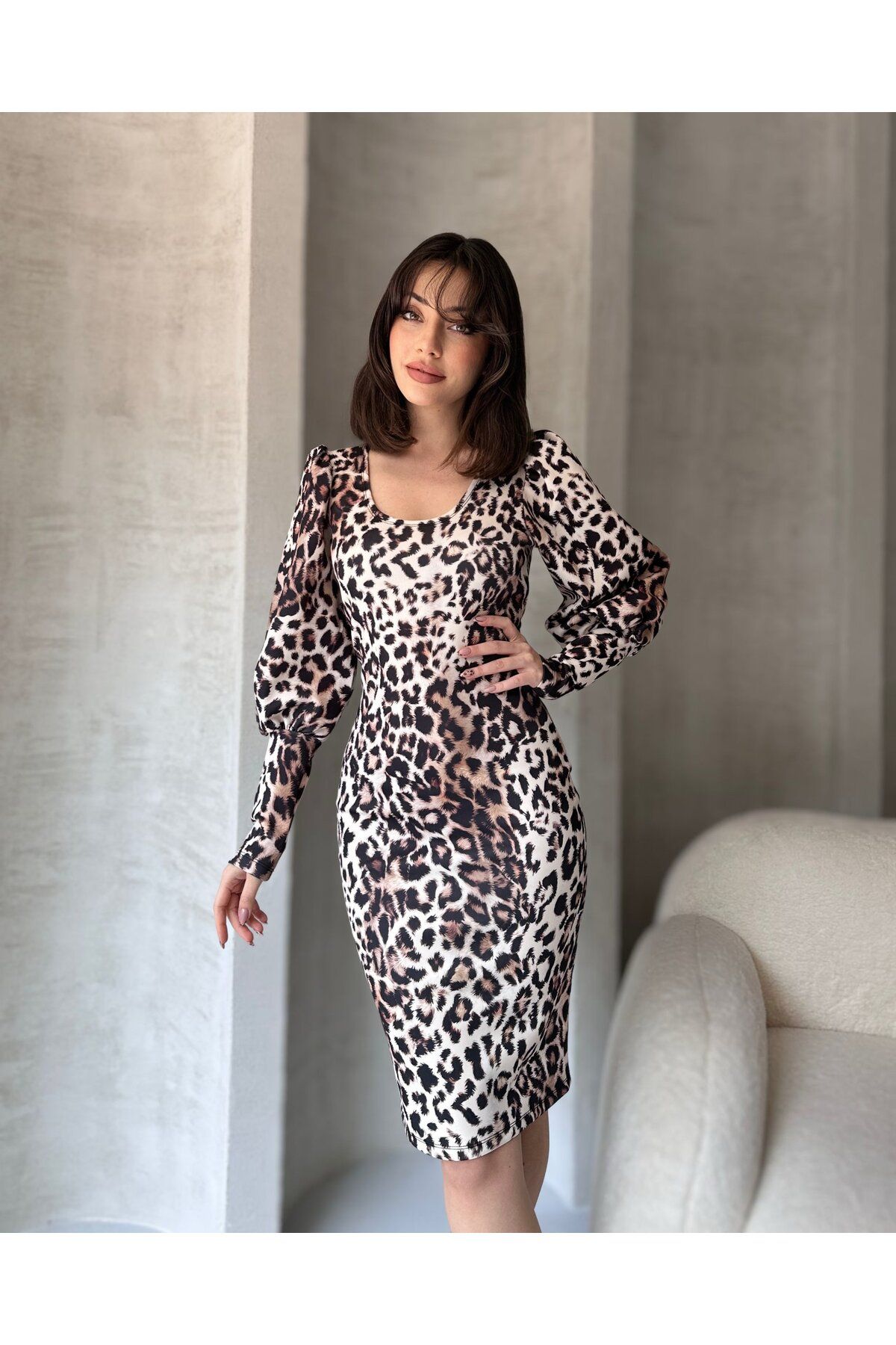 blueb Leopar Desenli Midi Boy Elbise