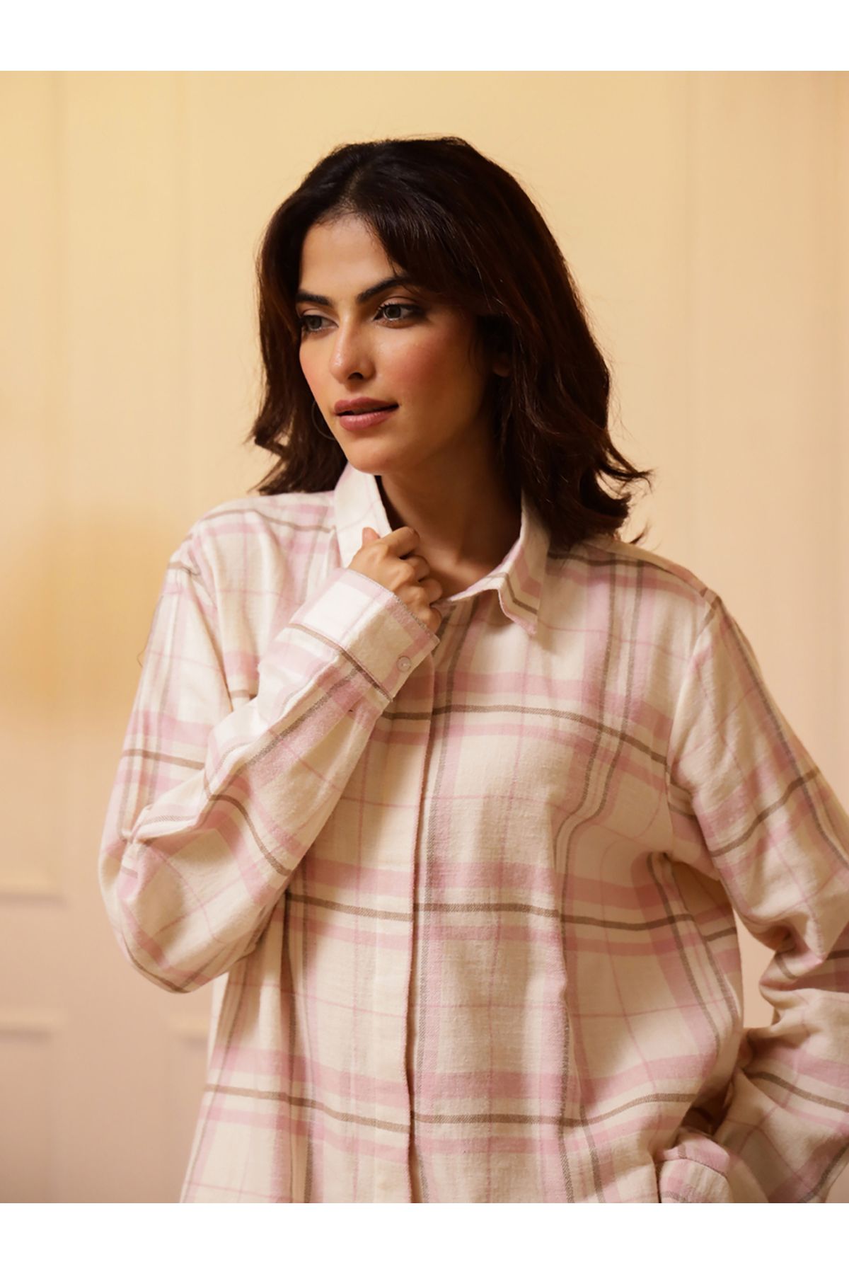 Sanskrutihomes By Styli-Checkered Buttoned Longline Shirt and Pyjama Set 5