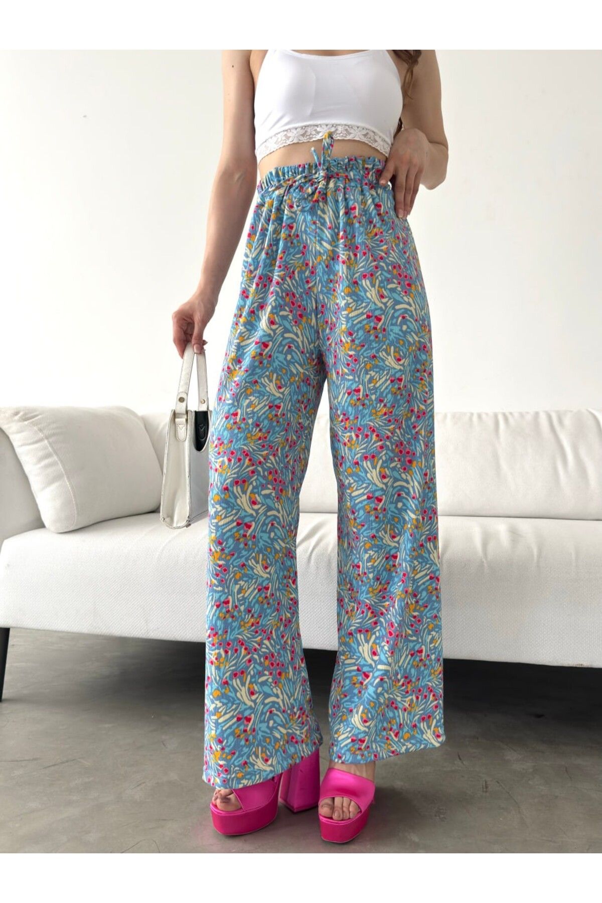 1001moda-Patterned Elastic Waist Wrap Pants 3