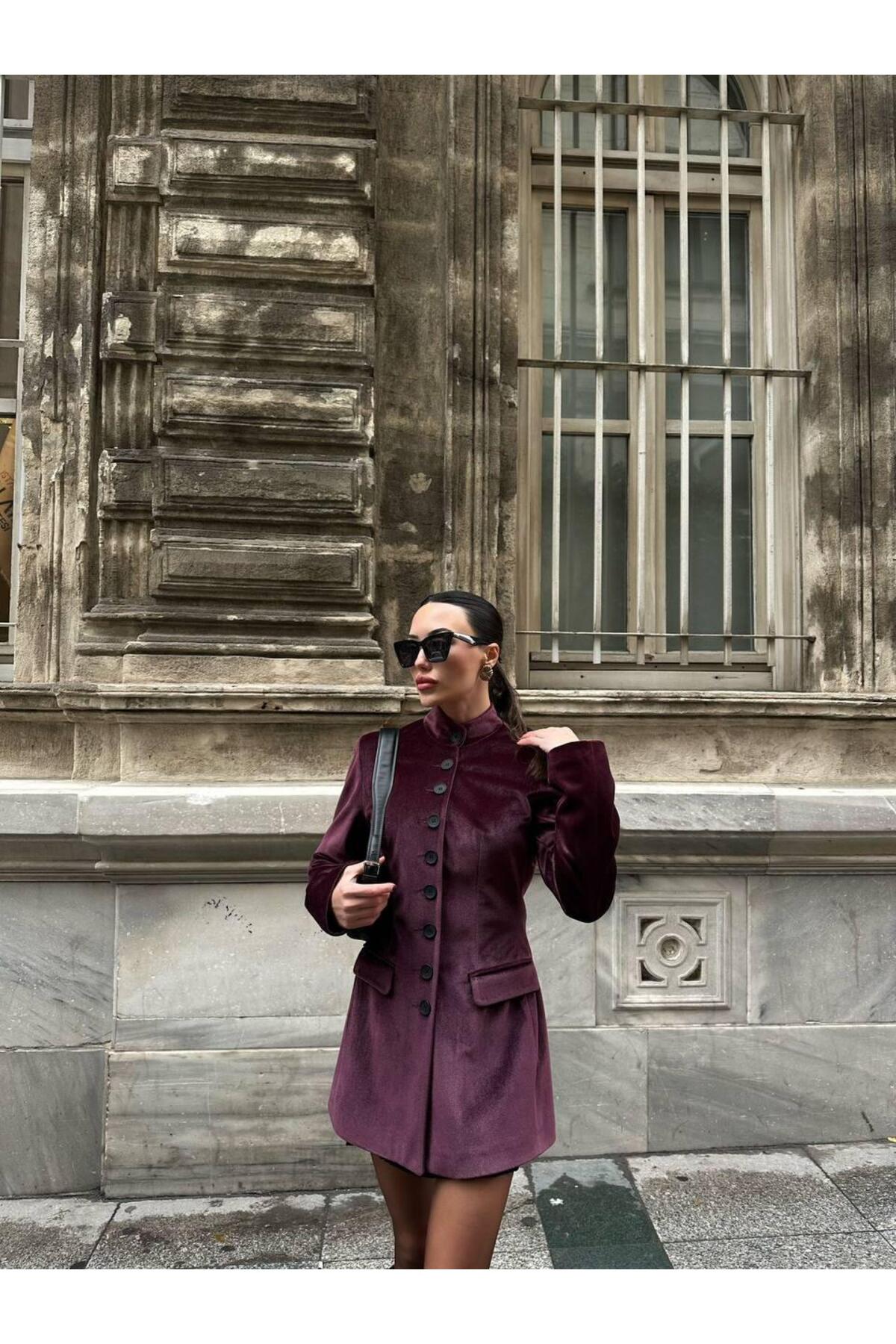 MODAGK  Vintage Kadife Uzun Mürdüm Ceket - Görsel 2