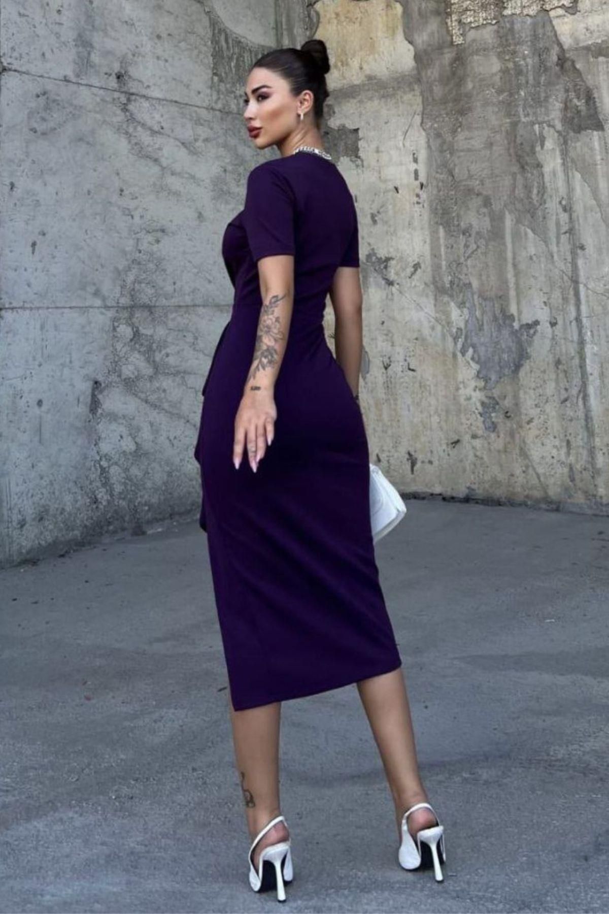 Mossta-Purple Slit Flounce Short Sleeve Crepe Dress 4