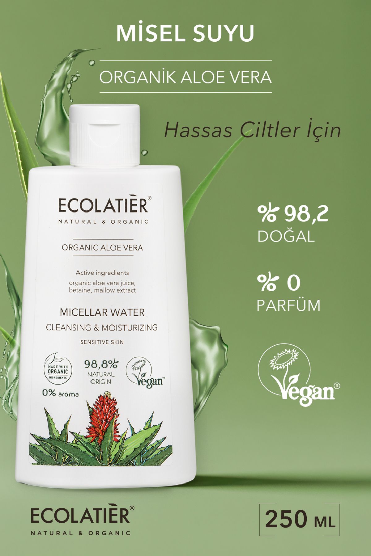 ECOLATIER Micellar Su Hassas Ciltler İçin Makyaj Temizleyici Nemlendirici Yüz Temizleyici Organik Aloe Vera