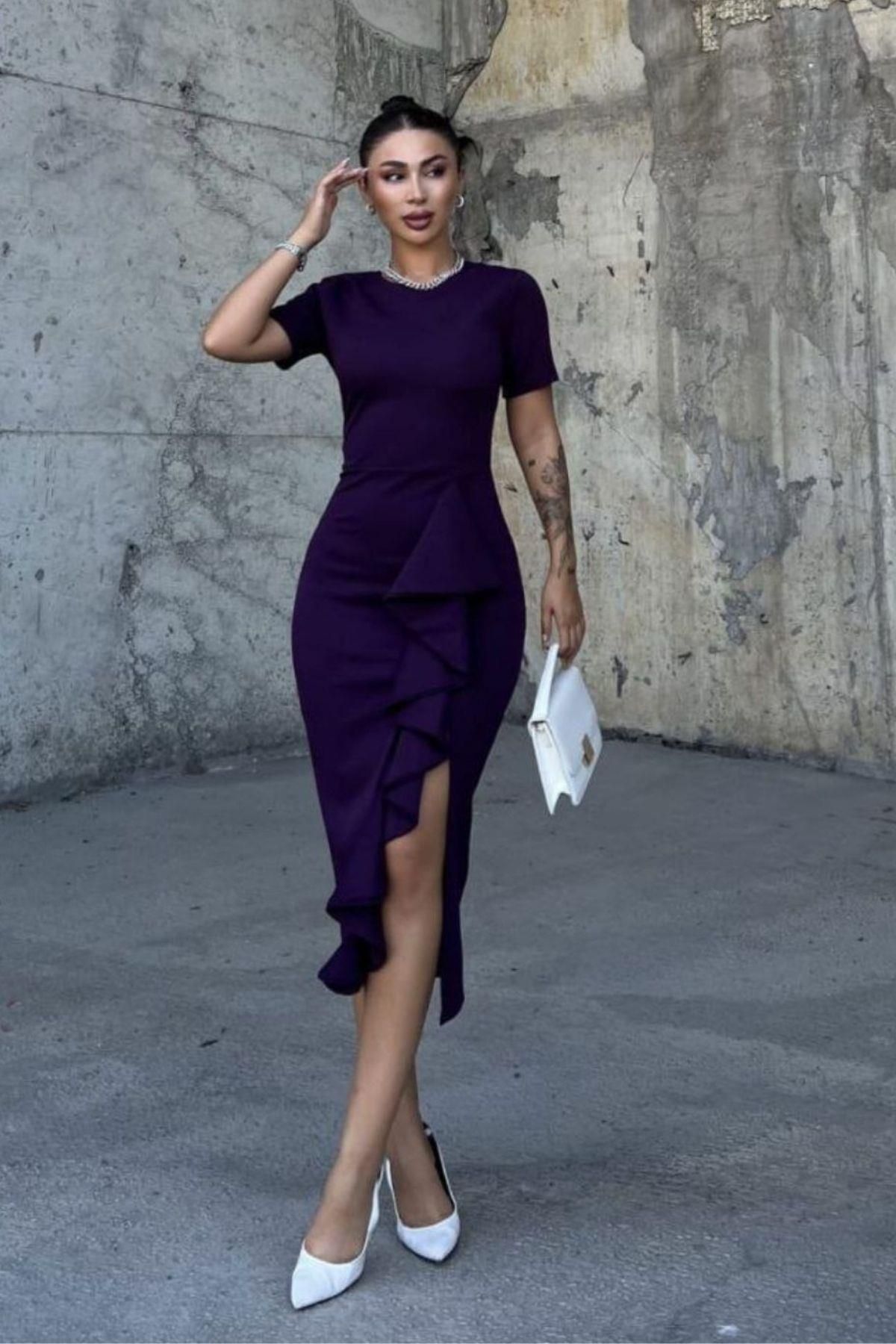 Mossta-Purple Slit Flounce Short Sleeve Crepe Dress 1