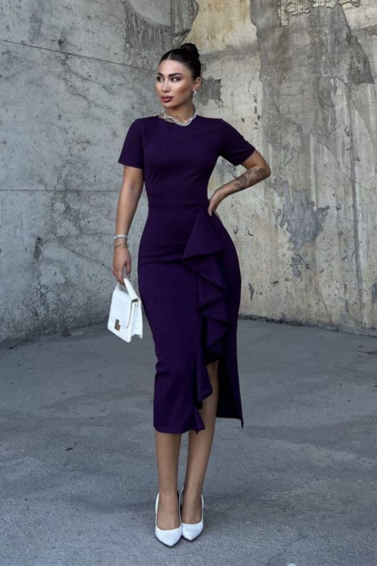 Mossta-Purple Slit Flounce Short Sleeve Crepe Dress 2