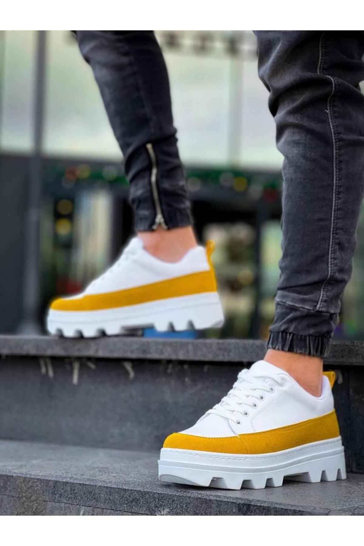 BPM-Kb-056 White Yellow Detailed White High Sole Casual Sneakers 3