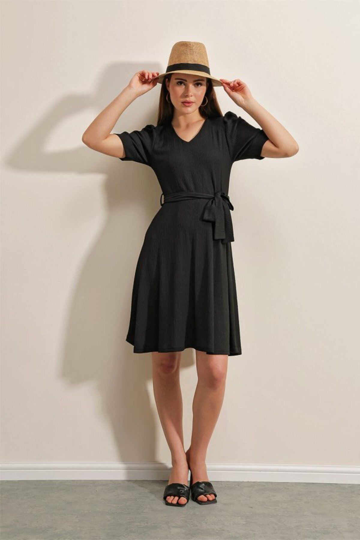 ASFSTORE 2370 Kuşaklı Örme Elbise - Siyah