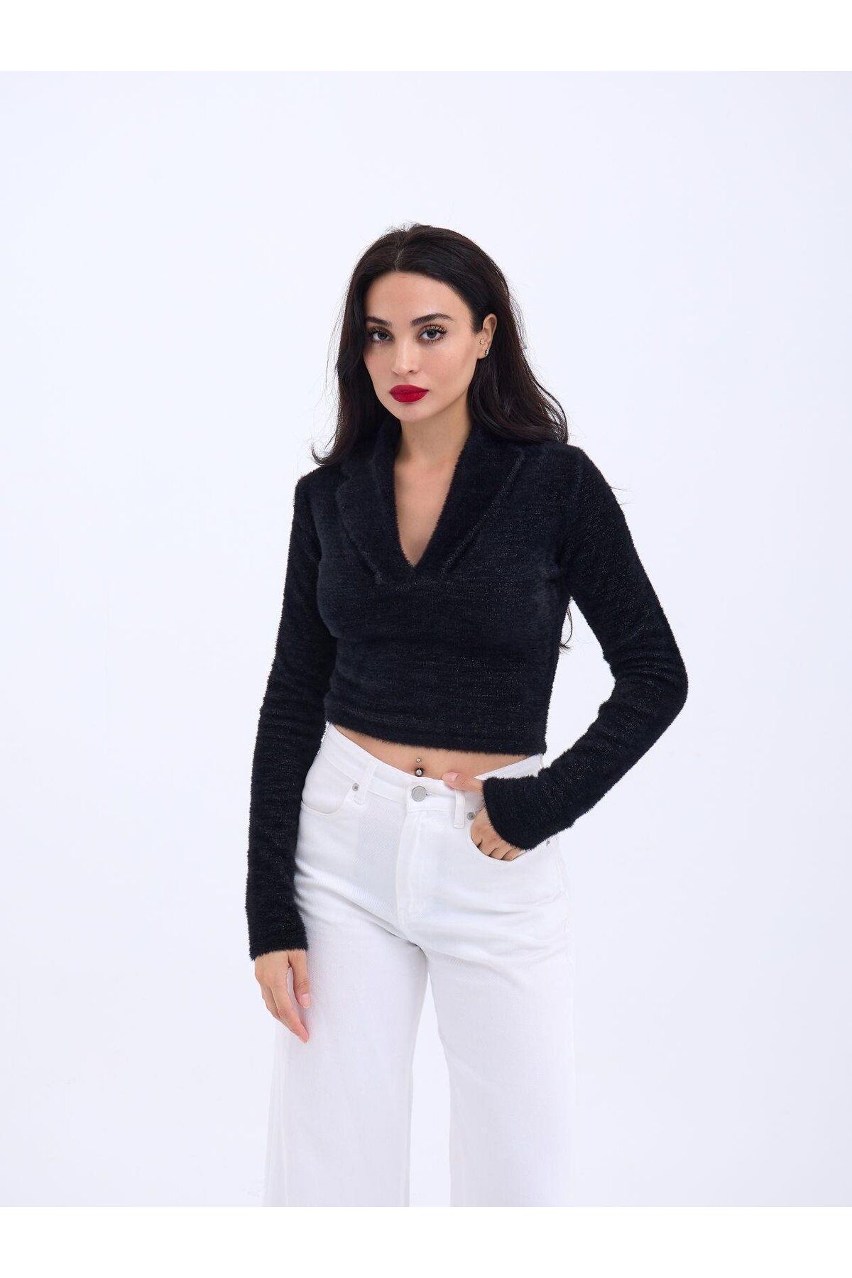 velmorafashion 42531 TRİKO SİMLİ YAKALI CROP-SİYAH