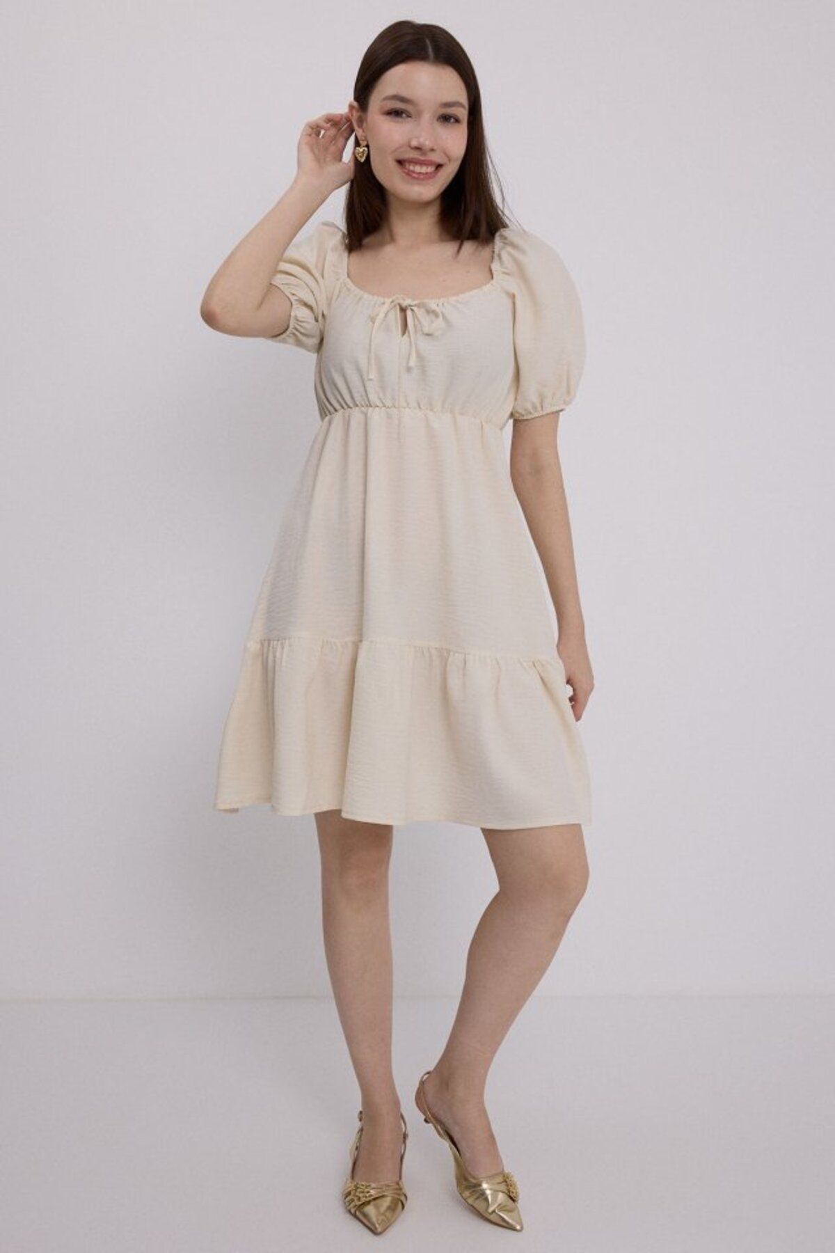 moda wanilia Bej Kloş Keten Elbise 2351