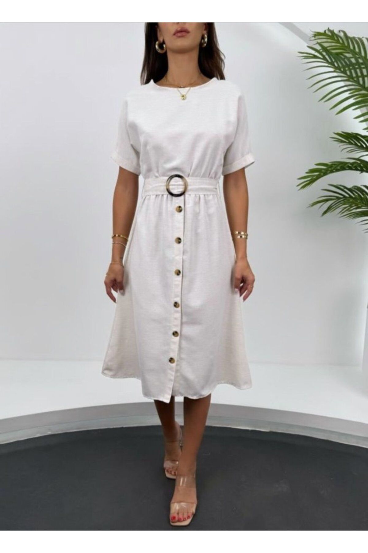 moda wanilia 2389 Kemerli Keten Elbise - Ekru