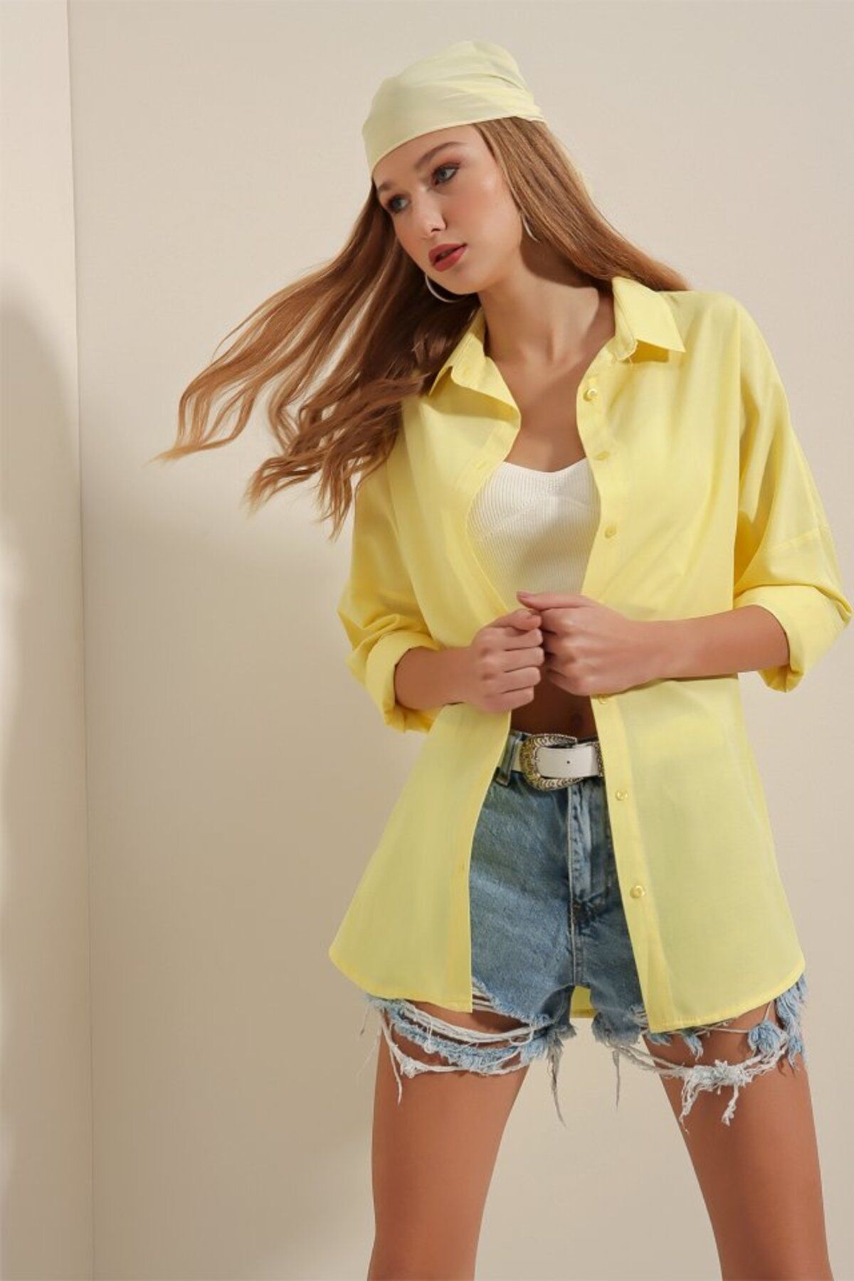 1001moda-3900 Oversize Long Basic Shirt - Yellow 2