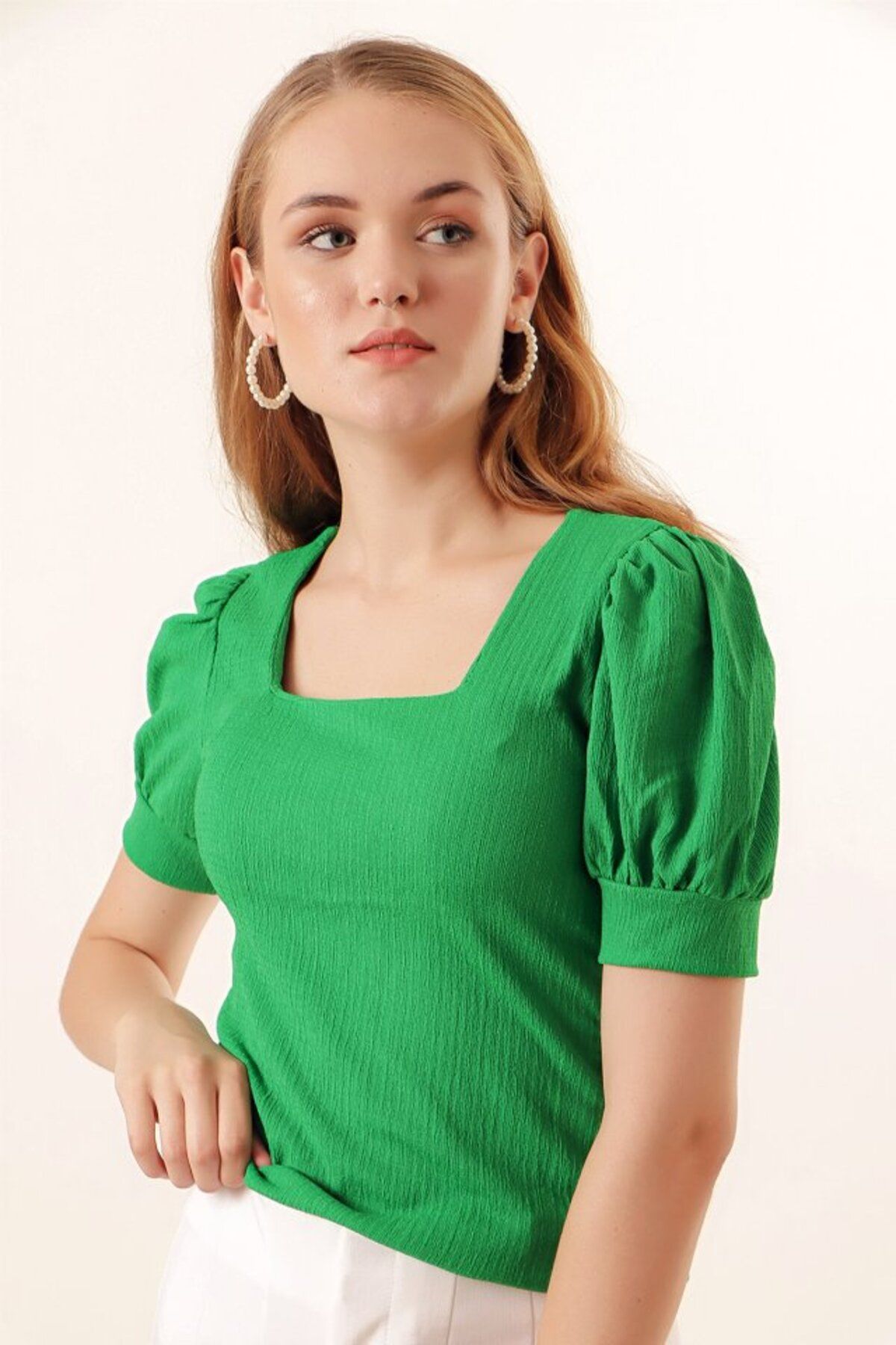 moda wanilia 0409 Kare Yaka Örme Bluz - Yeşil