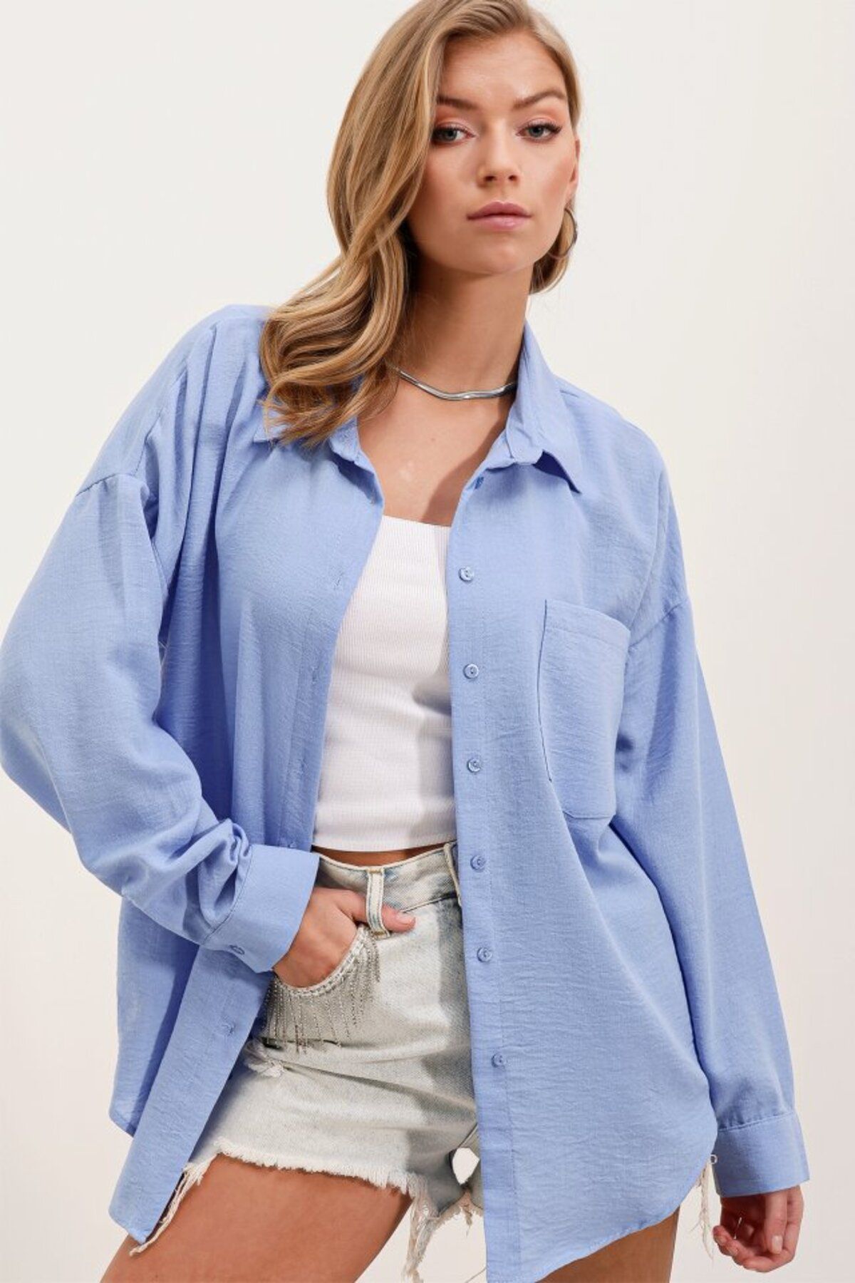 MHT STORE 20153 Tek Cepli Oversize Keten Gömlek - Mavi