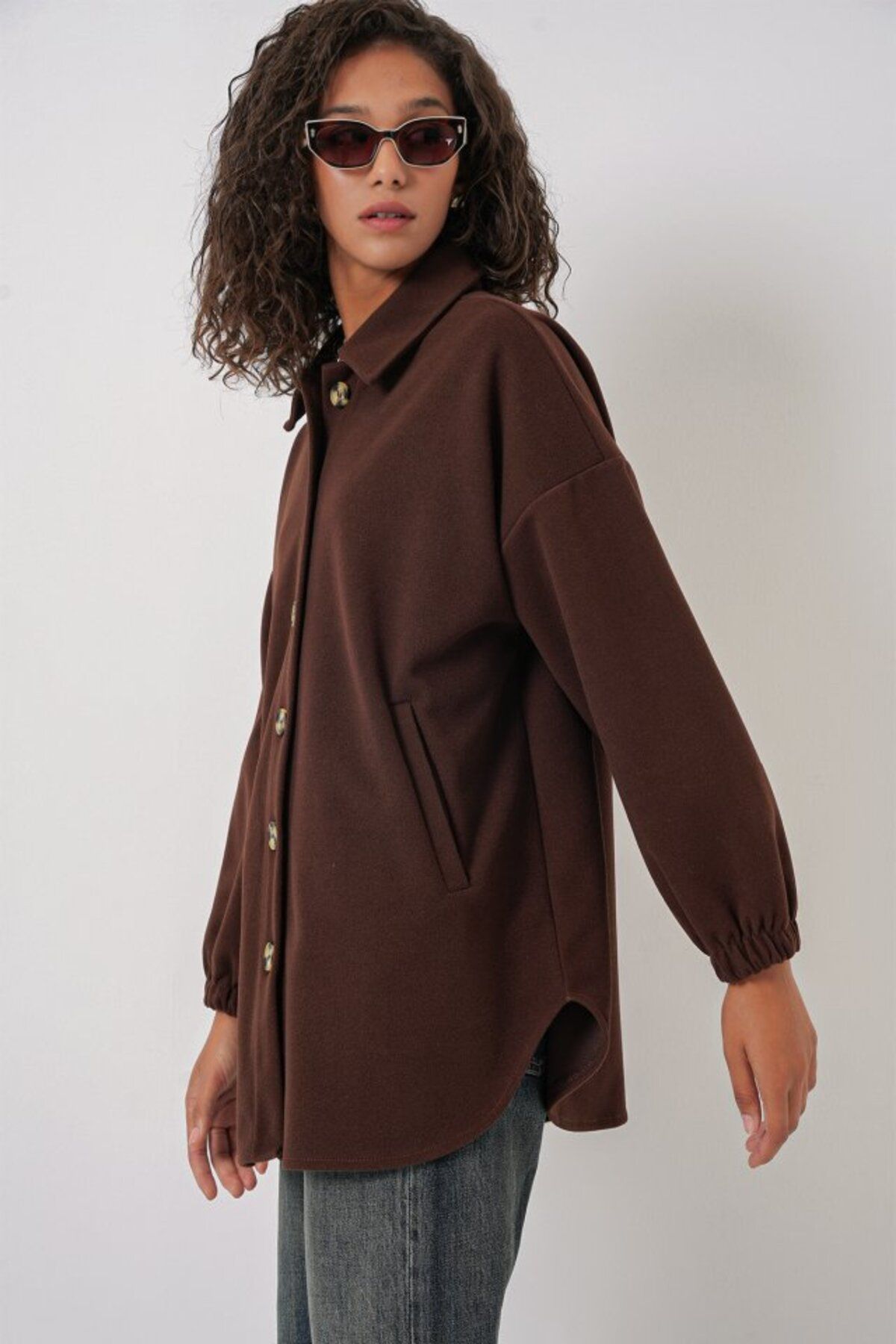 ASFSTORE 0674 Cepli Oversize Gömlek - C. Kahverengi