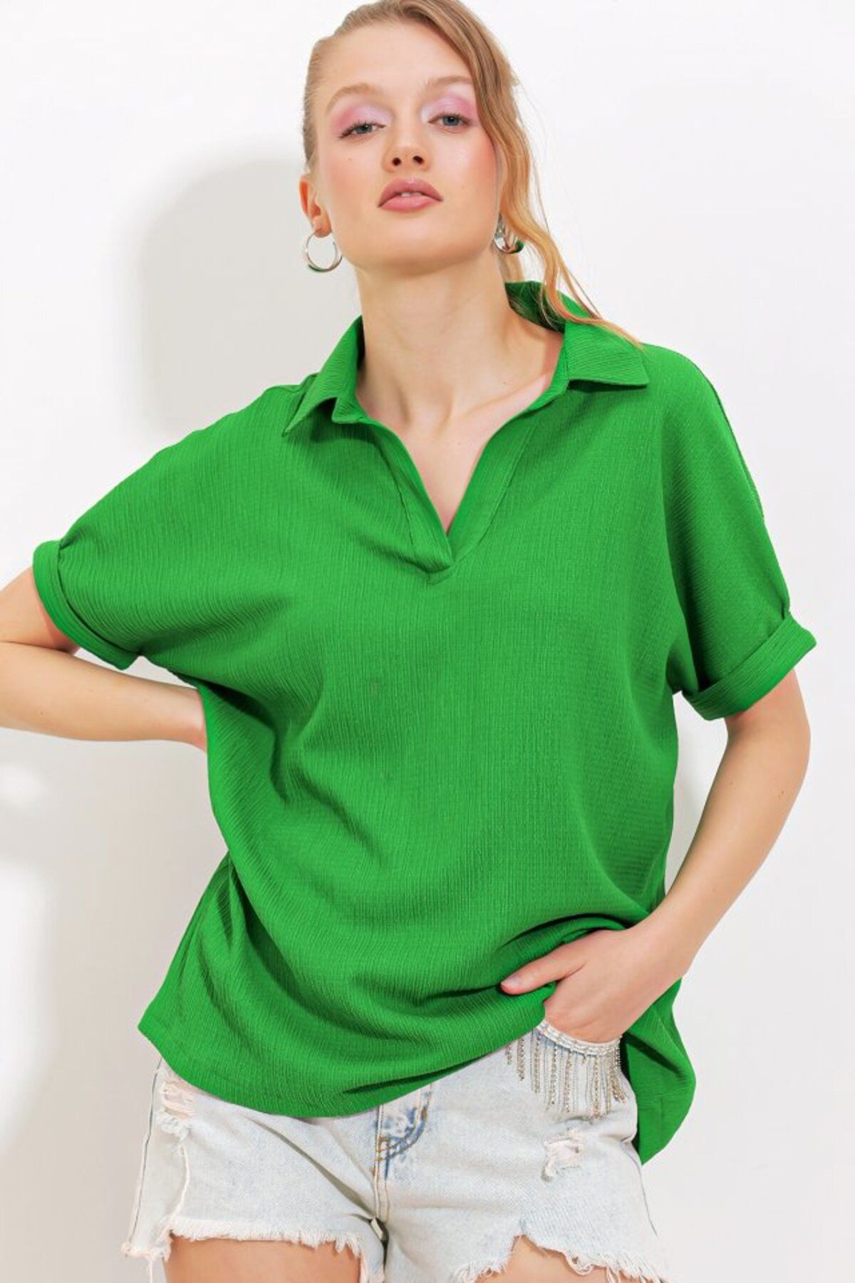 novafems Yeşil Oversize Polo Yaka Örme Bluz 0486