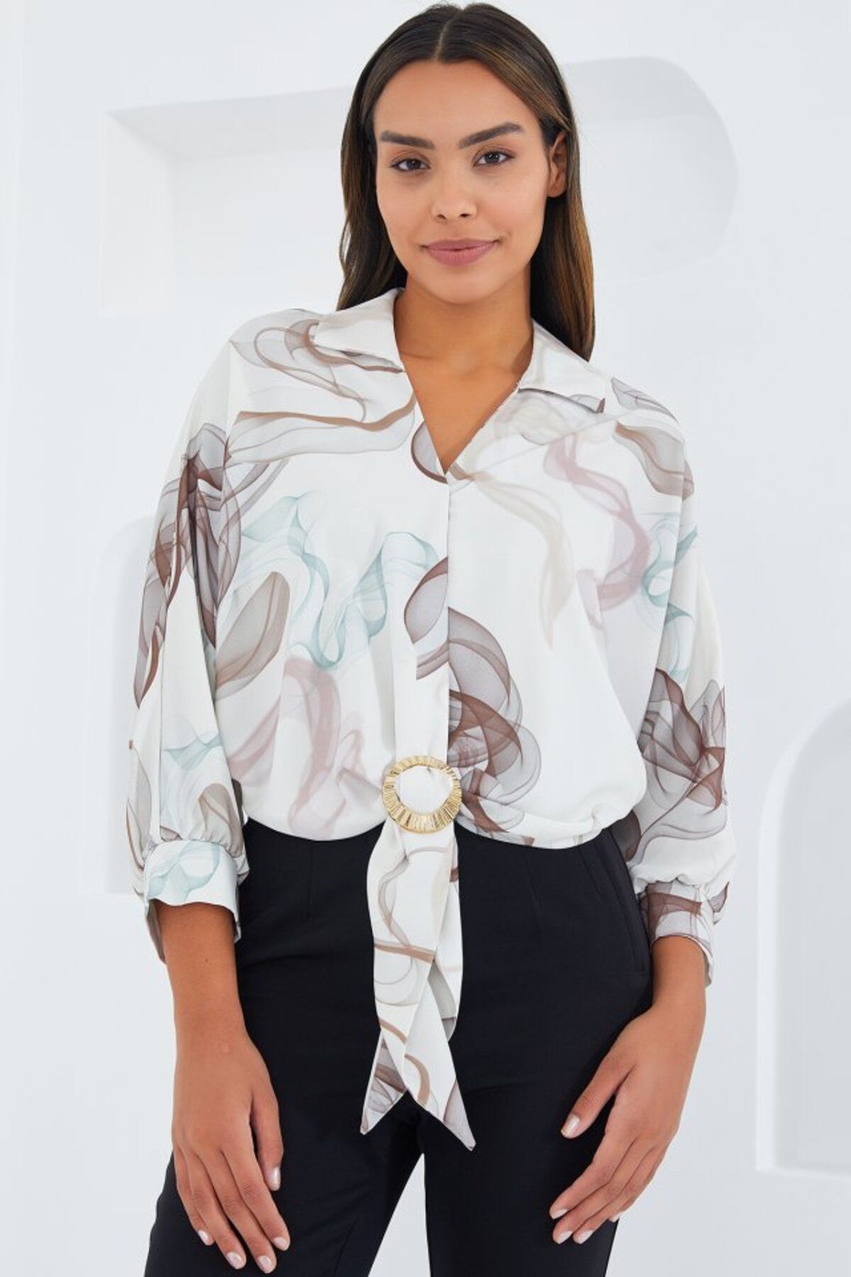 novafems Oversize Dökümlü Crop Saten Gömlek 906 - Kahverengi